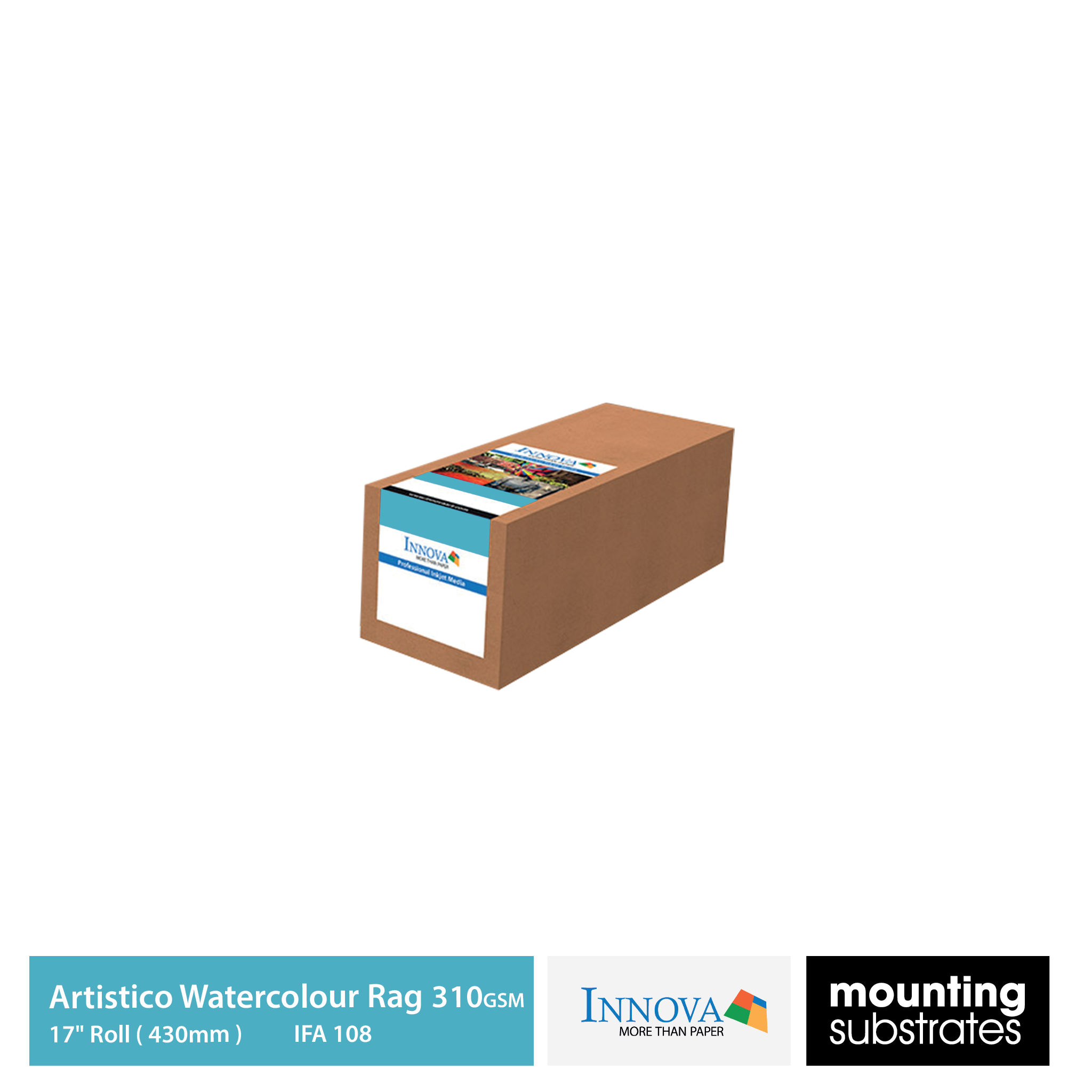 17" Roll Fabriano Artistico Watercolour Rag 310gsm, mould-made cotton paper with a textured matte surface, ideal for large-format fine art prints.