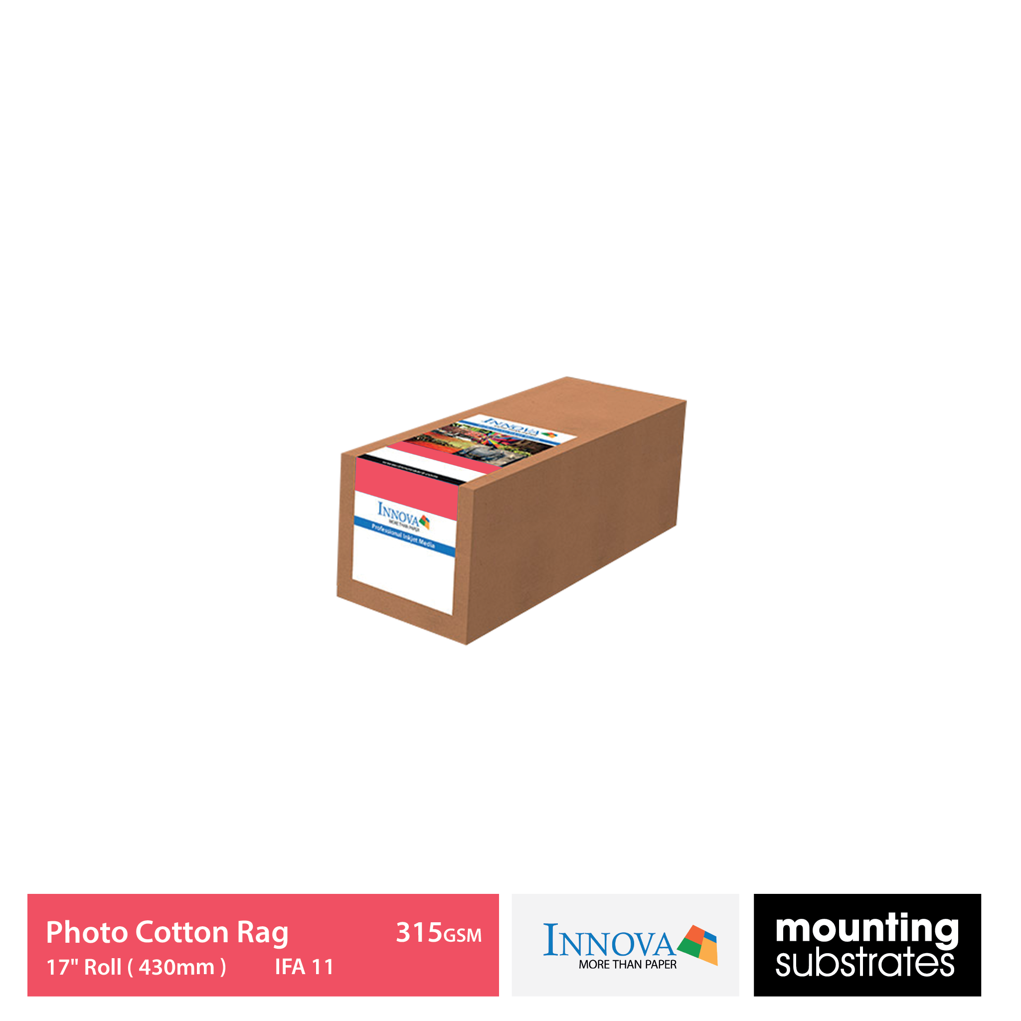 Box of 17" roll (430mm x 15m) Innova 315gsm Photo Cotton Rag Paper - acid-free, ultra-smooth surface for fine art printing.