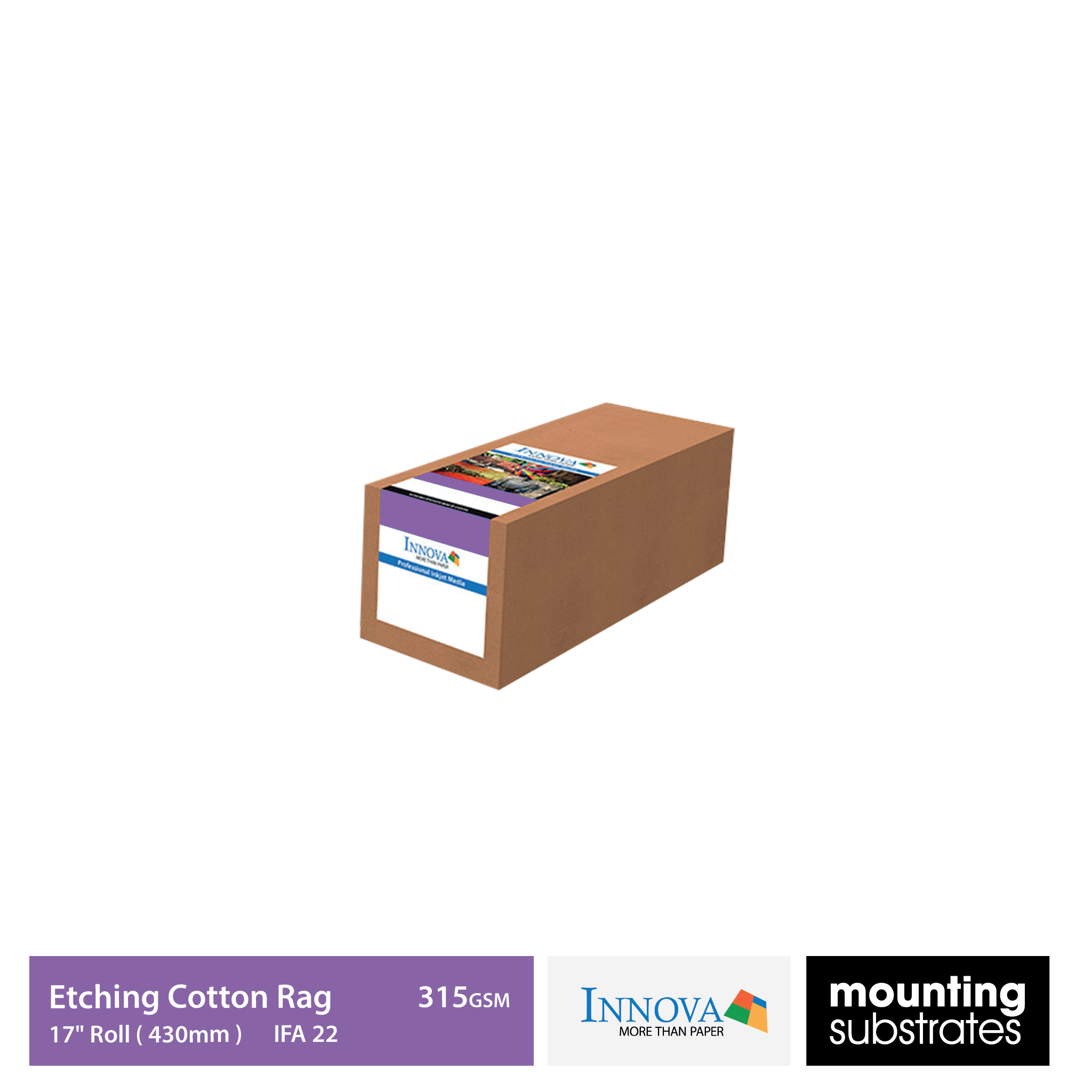 17-inch roll of Innova Editions Etching Cotton Rag 315gsm fine art paper, ideal for wide-format inkjet printing with deep blacks and vibrant colours.