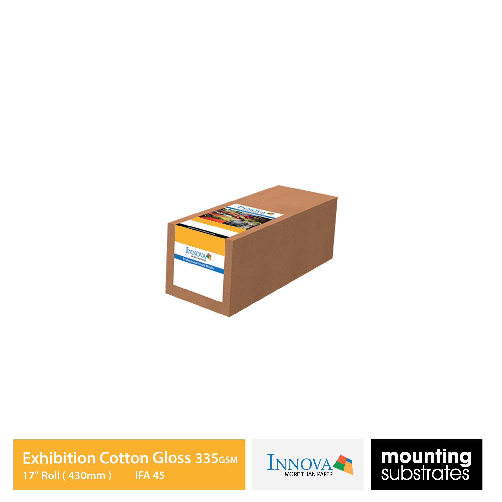 17-inch roll of Innova Exhibition Cotton Gloss 335gsm fine art paper, 15m length. Compatible with pigment and dye-based inkjet printers.