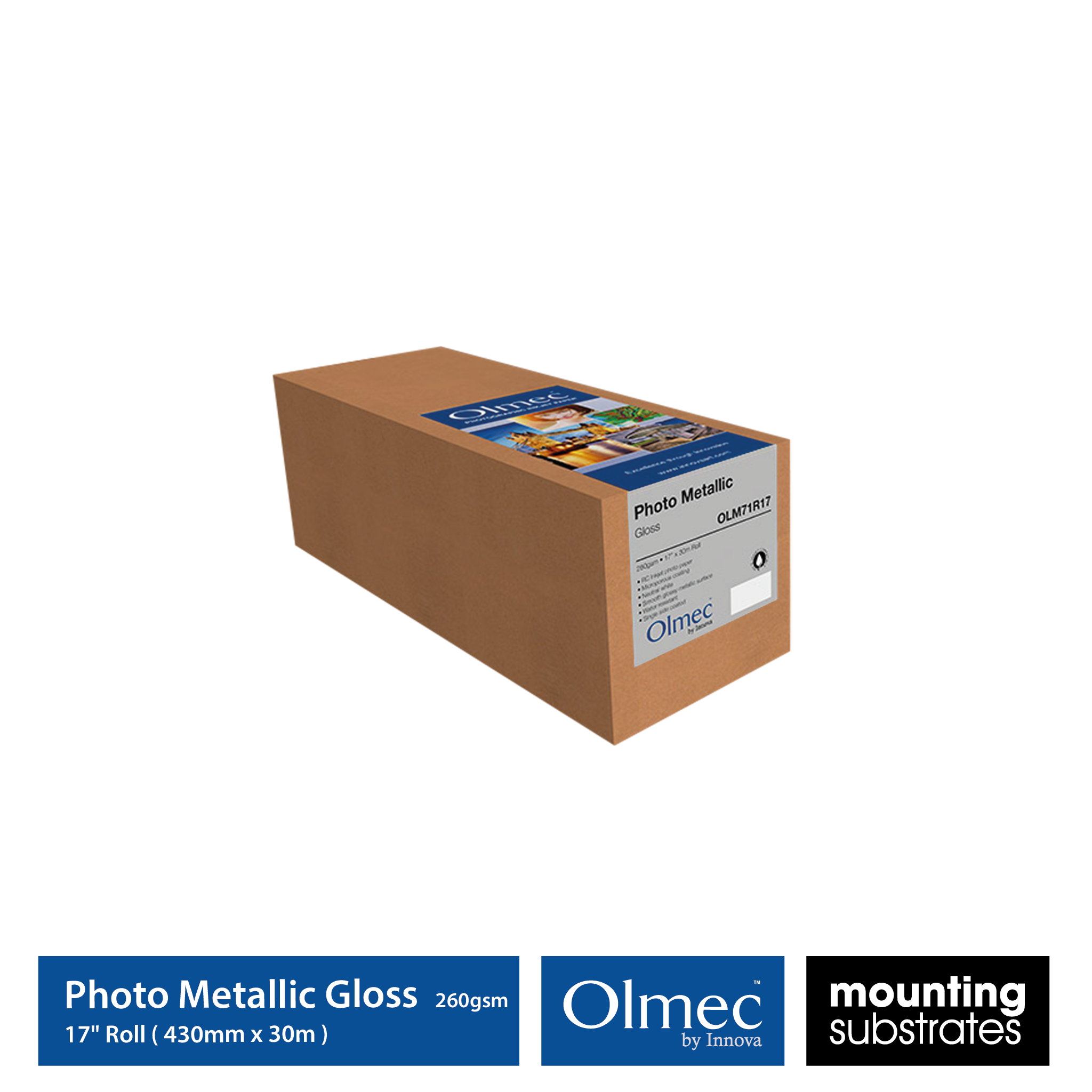 17 inch roll Olmec 260gsm Photo Metallic Gloss Inkjet Paper, 30 meters in a box - OLM-071-R0432-030
