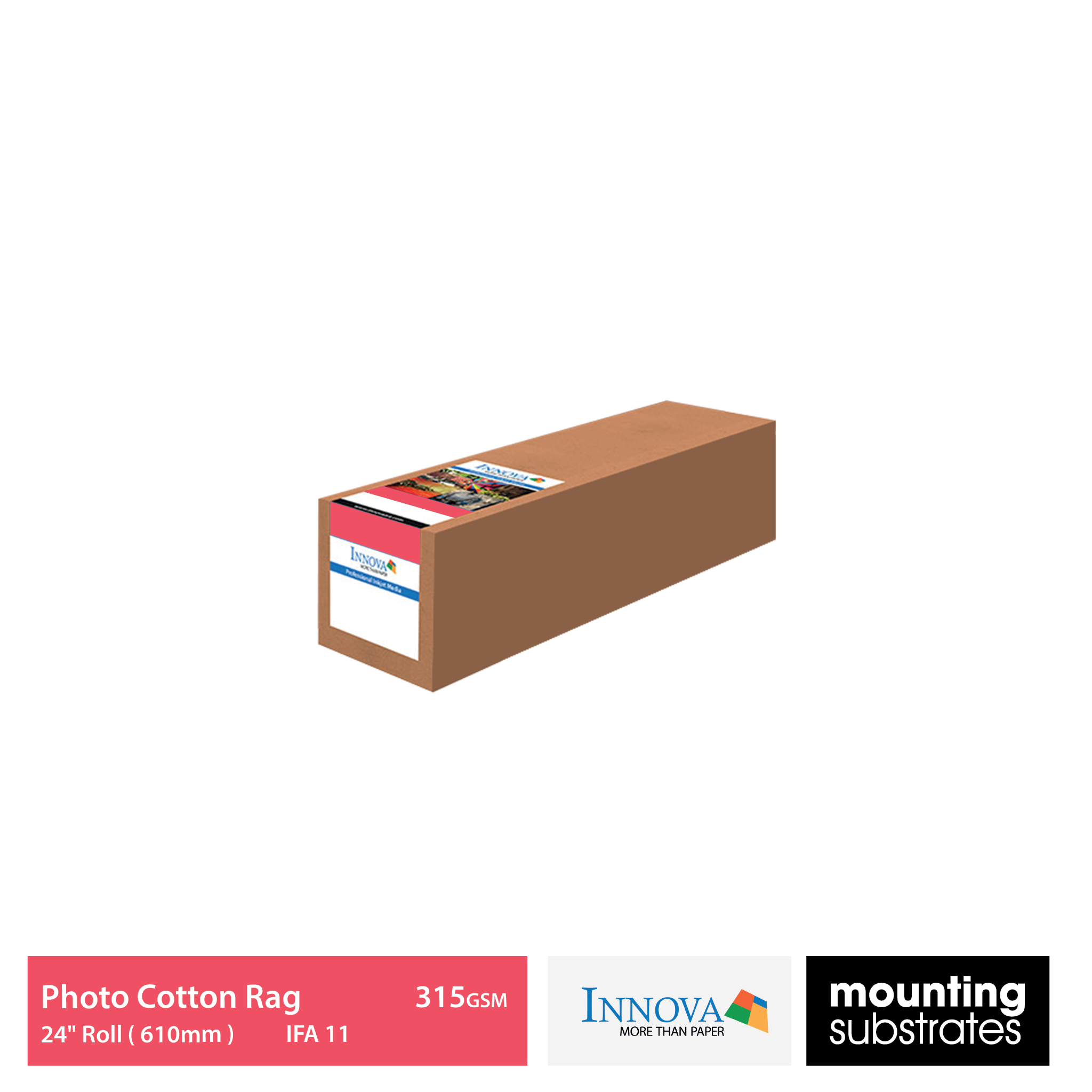 Box of 24" roll (610mm x 15m) Innova 315gsm Photo Cotton Rag Paper - natural white, OBA-free paper for professional prints. IFA011