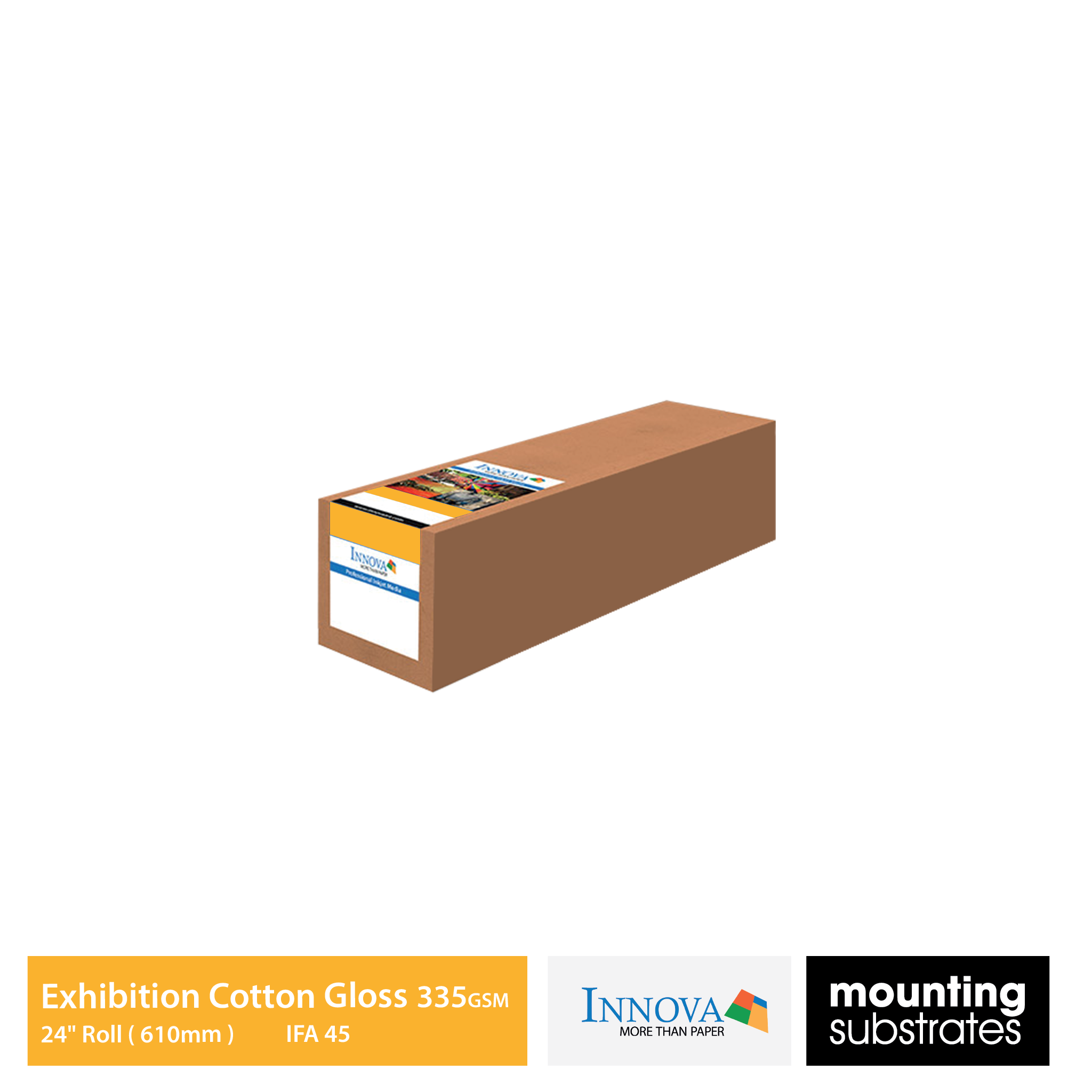 24-inch roll of Innova Exhibition Cotton Gloss 335gsm fine art paper, ideal for large-format archival prints with deep blacks and vibrant colours.