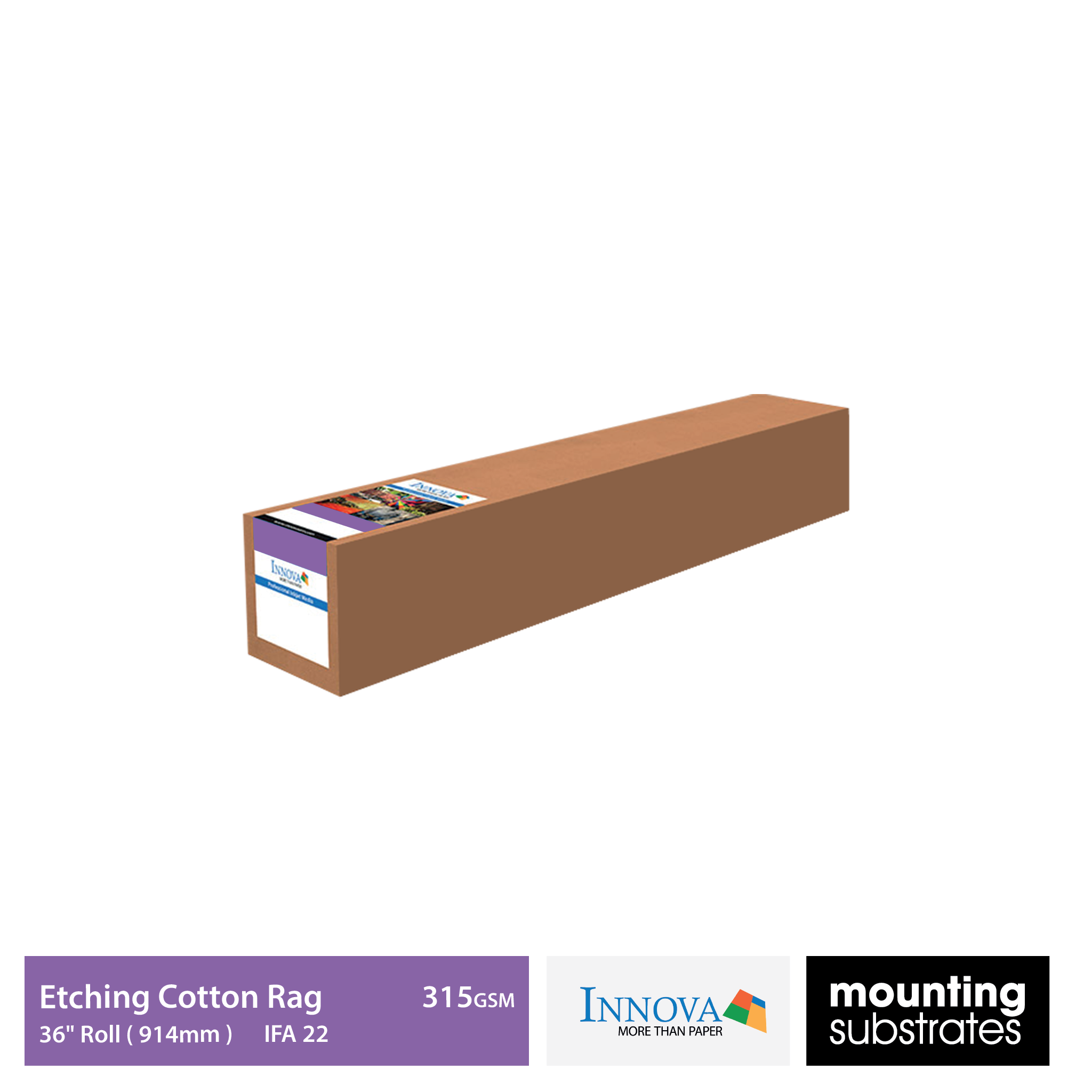36-inch roll of Innova Editions Etching Cotton Rag 315gsm fine art paper, featuring a matte-coated surface for superior colour reproduction and detail.