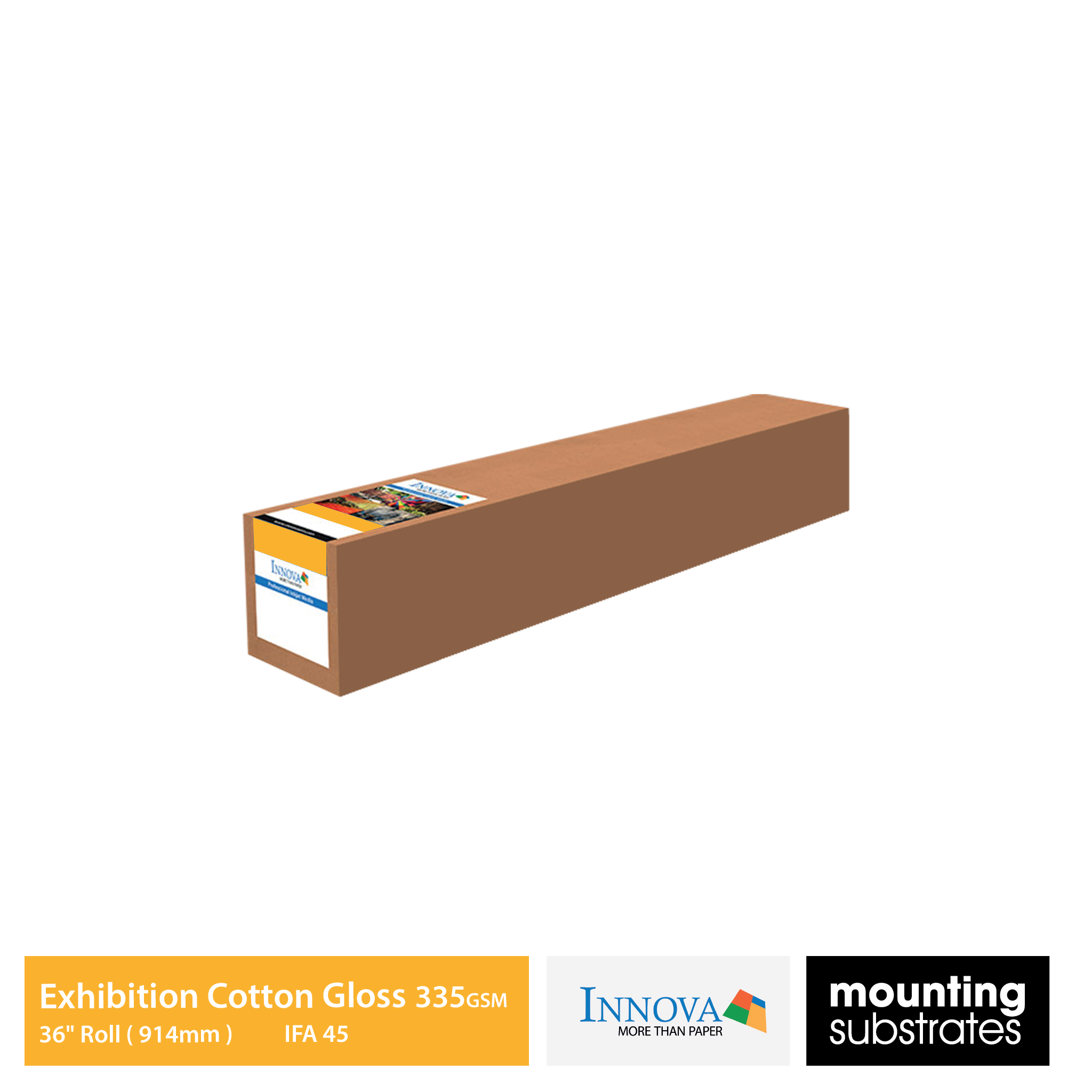 36-inch roll of Innova Exhibition Cotton Gloss 335gsm fine art paper, smooth gloss surface for exceptional colour reproduction and tonal transitions.