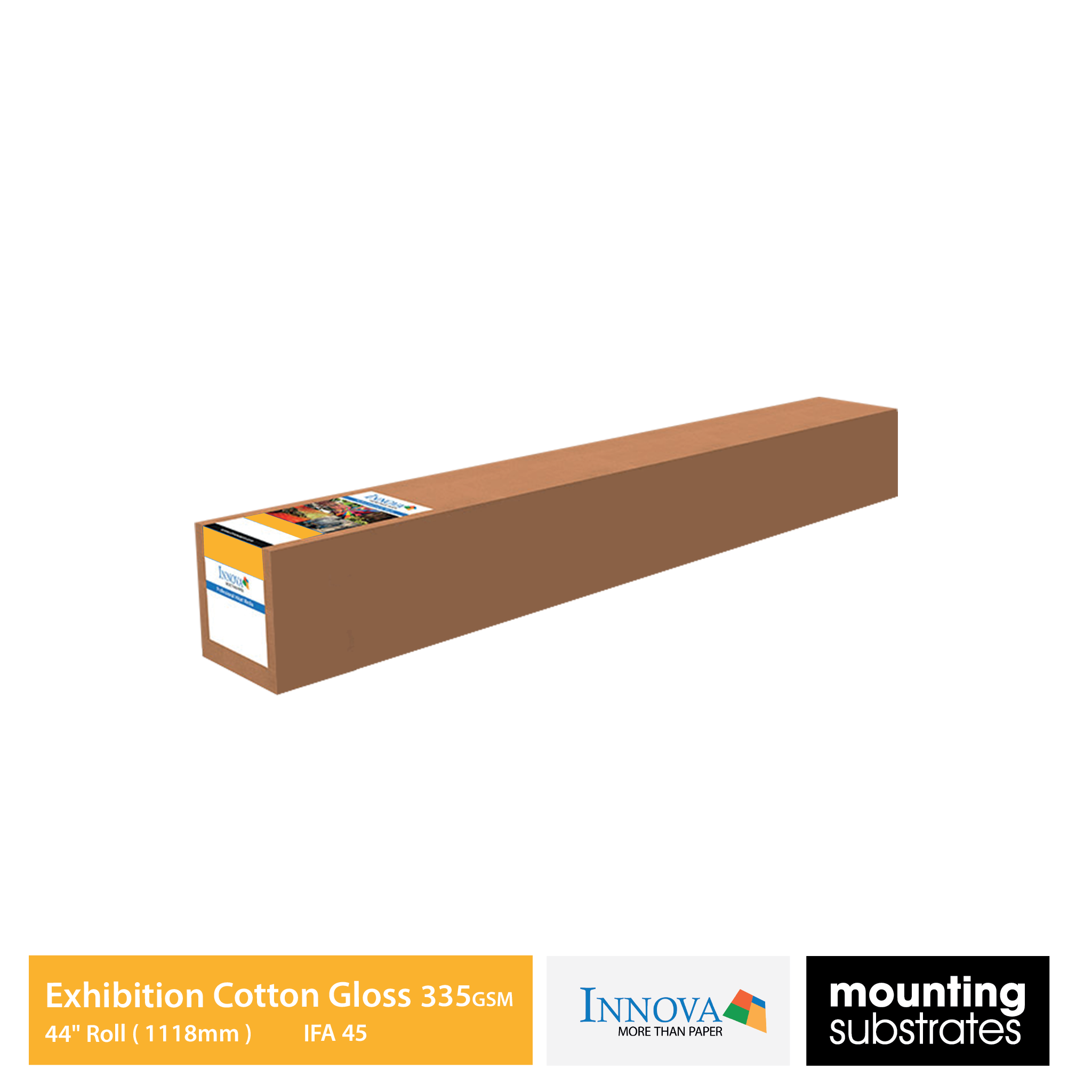 44-inch roll of Innova Exhibition Cotton Gloss fine art paper, acid-free and lignin-free for archival longevity and professional-grade prints.