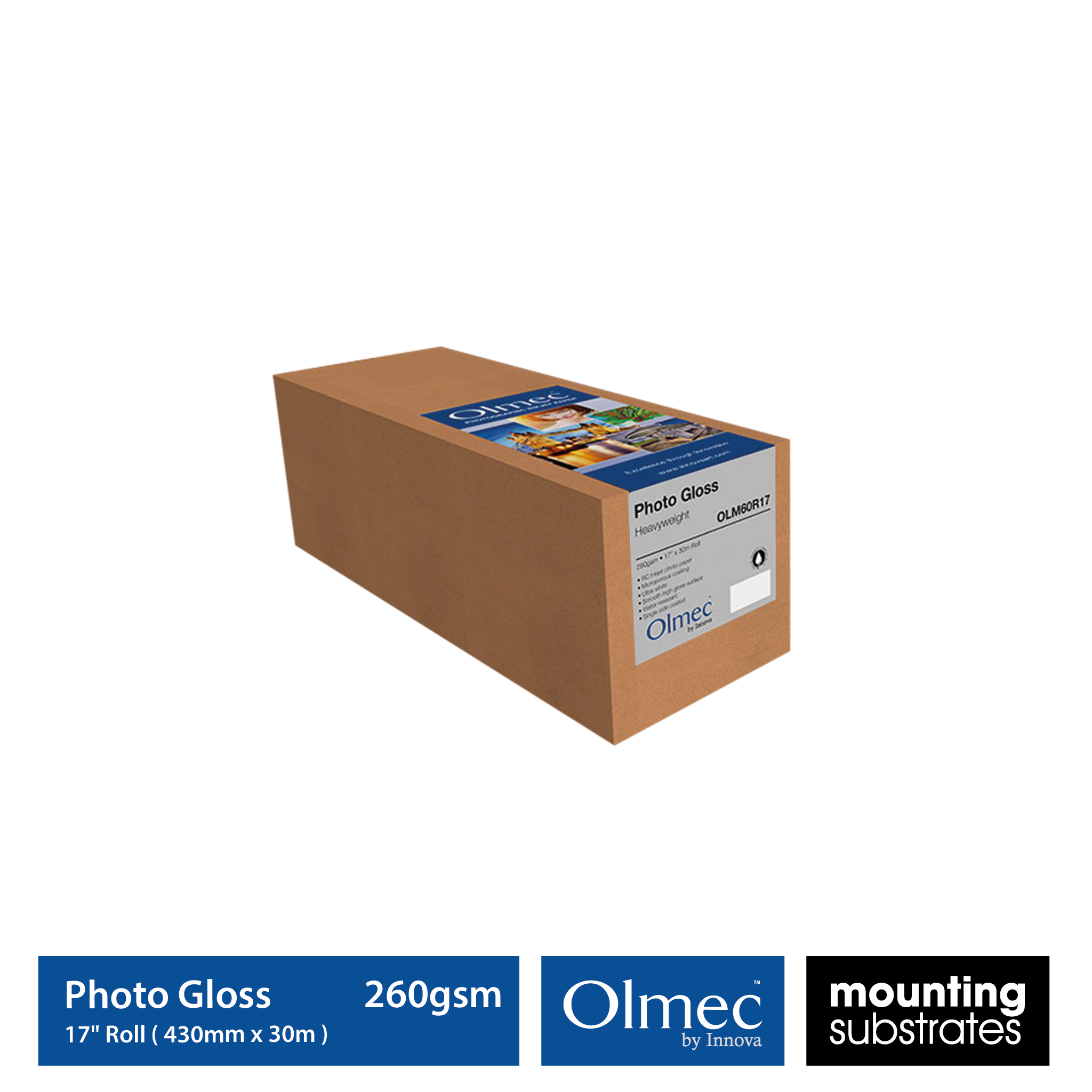 17-inch roll of Olmec 260gsm Photo Gloss Heavyweight Inkjet Paper, 30 meters - OLM-060-R0432-030