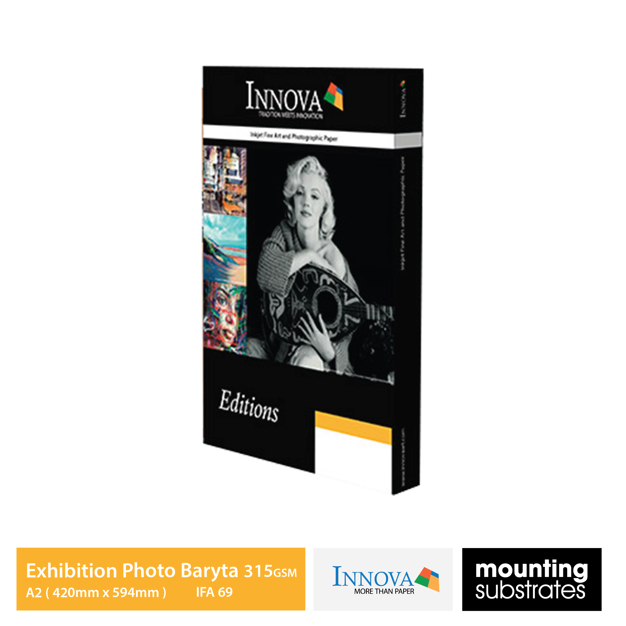 A2 size Innova 310gsm Exhibition Photo Baryta inkjet paper, natural white base with deep blacks and wide colour gamut for professional prints.