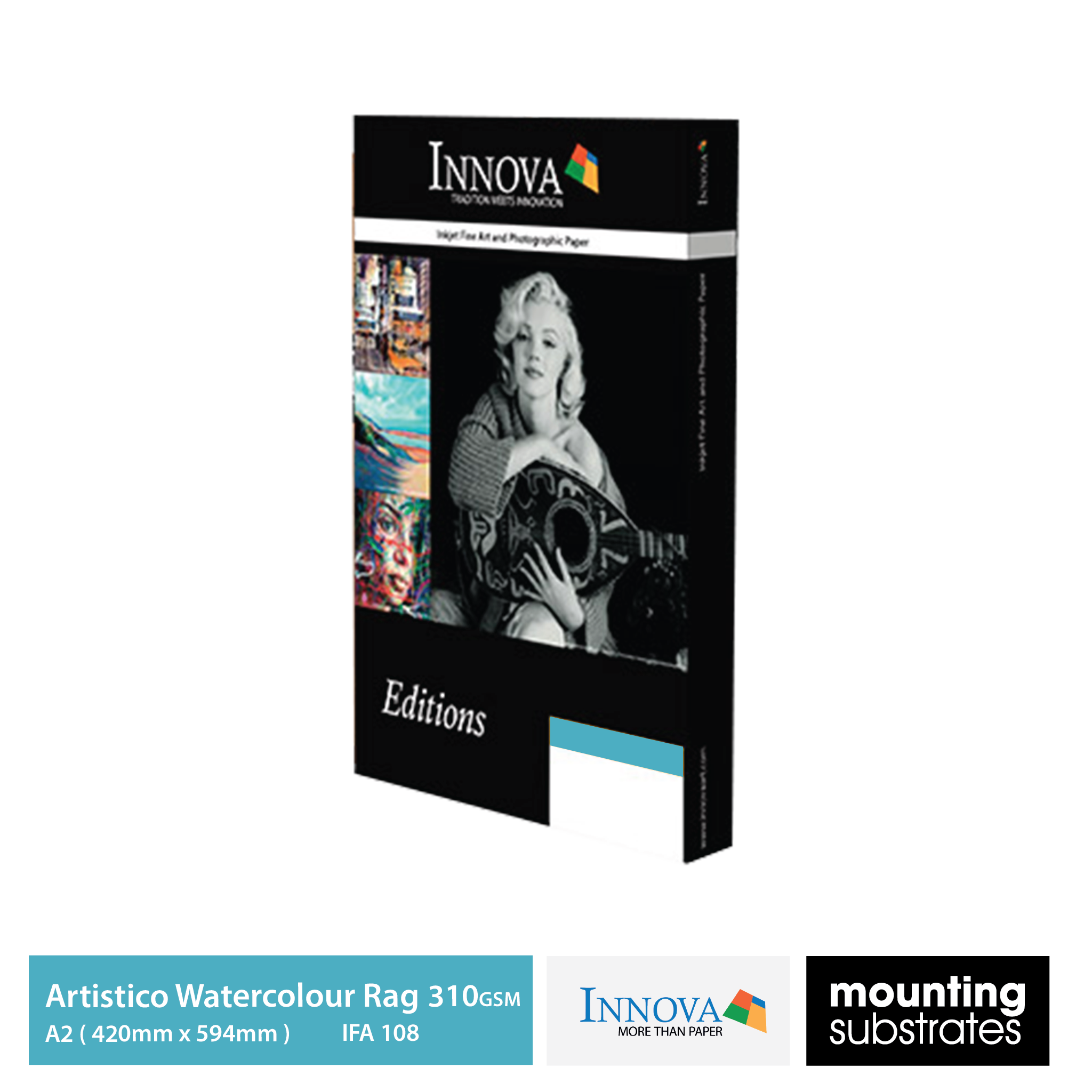 A2 Fabriano Artistico Watercolour Rag 310gsm, high-quality cotton paper with a rough watercolour texture, designed for pigment and dye inkjet printing.