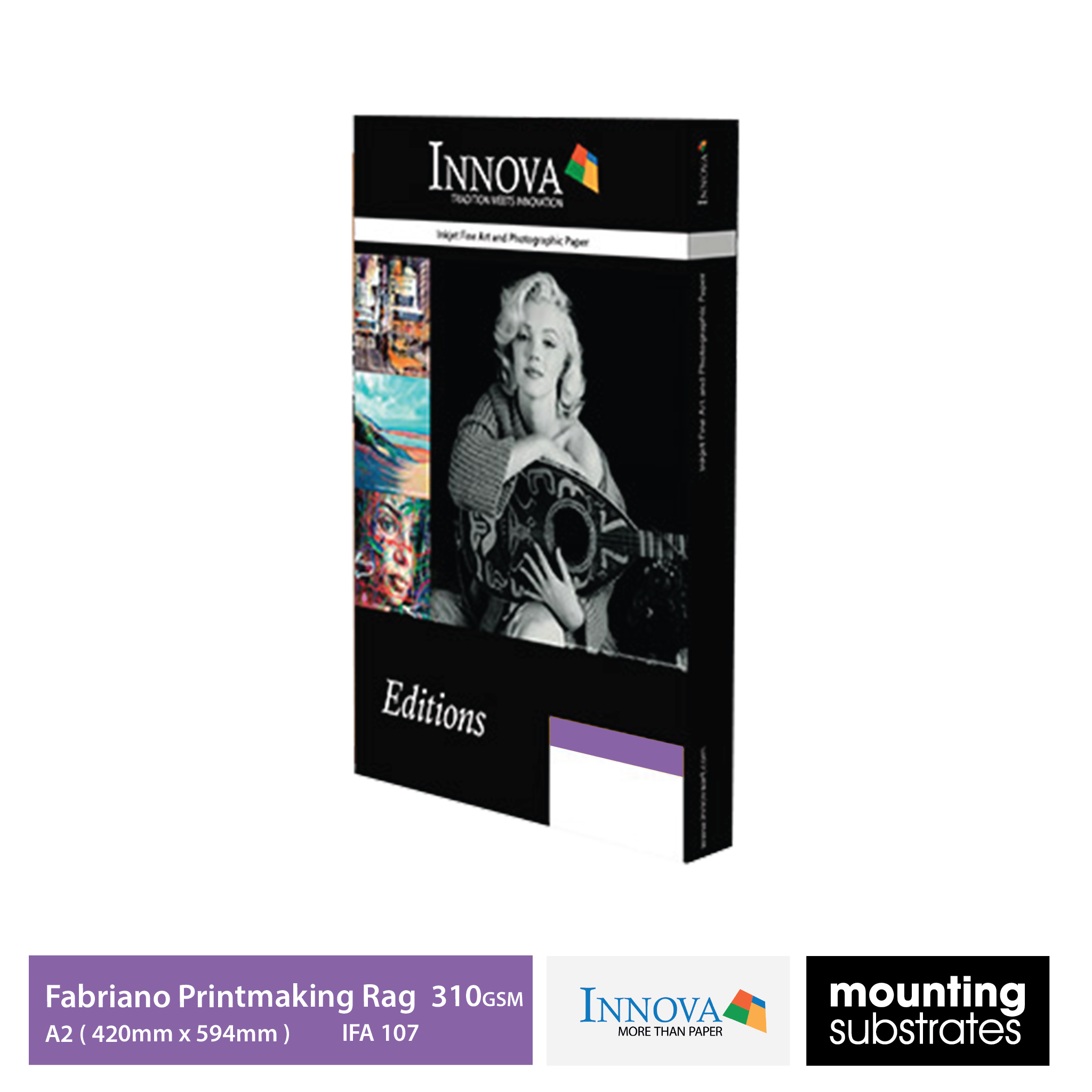 A2 box of Innova Editions® Fabriano Printmaking Rag 310gsm fine art paper, natural white tone for accurate colour reproduction, archival standard - IFA7