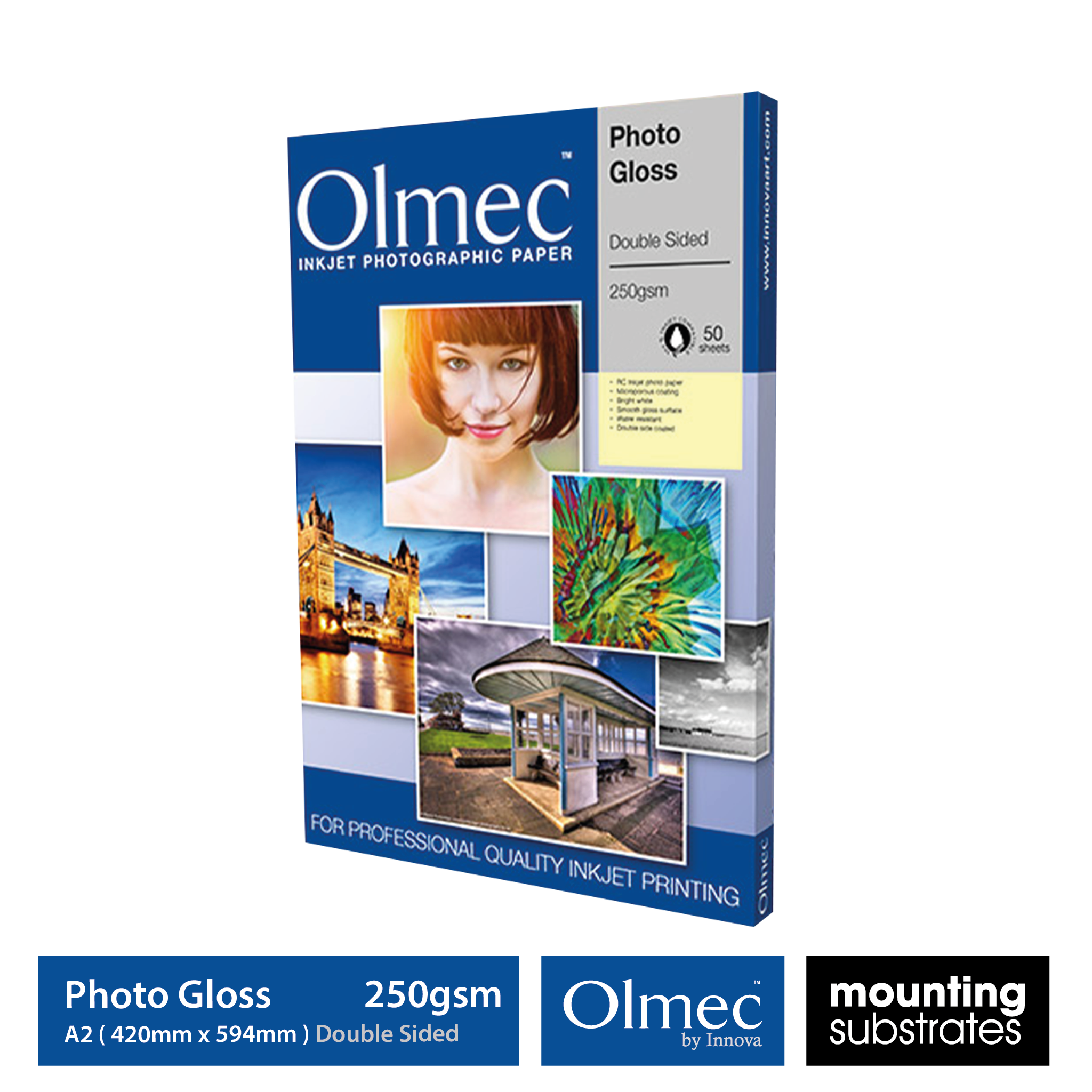 A2 size Olmec 250gsm Photo Gloss Double Sided Inkjet Paper, 50 sheets in a box - OLM-065-S0420-050