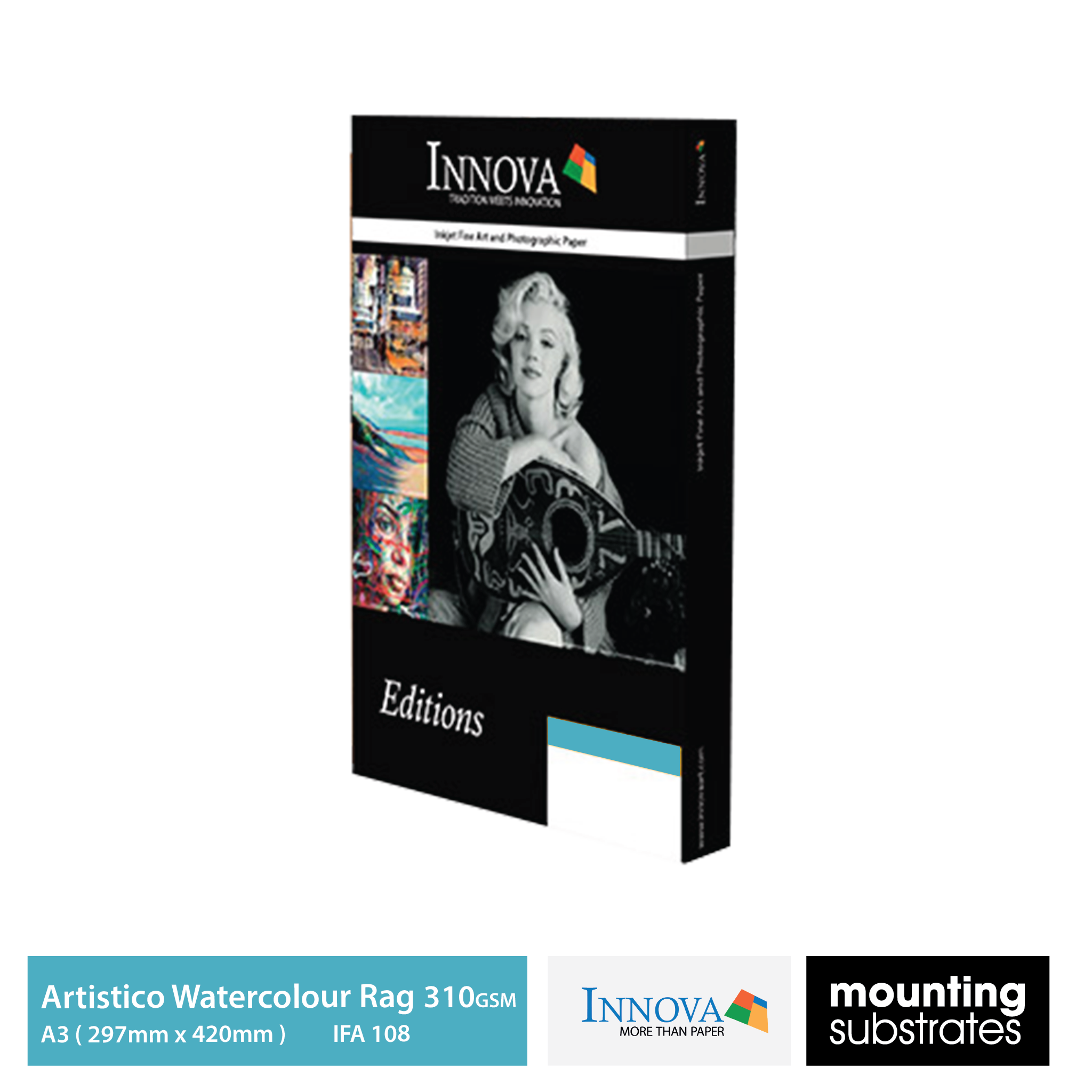 A3 Fabriano Artistico Watercolour Rag 310gsm, acid-free cotton paper with a rough watercolour texture, perfect for fine art reproductions and photography prints.