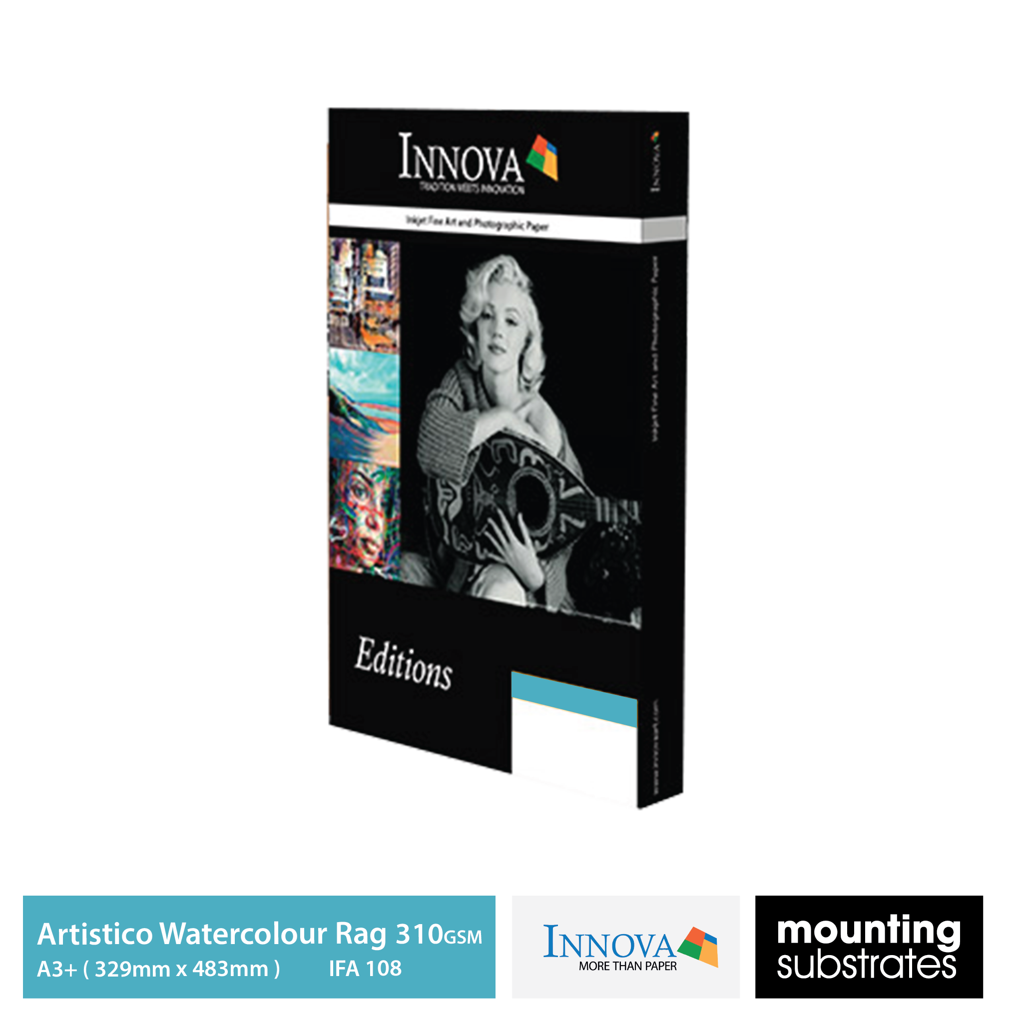 A3+ Fabriano Artistico Watercolour Rag 310gsm, premium textured matte paper for professional inkjet printing, ensuring exceptional colour accuracy and longevity.
