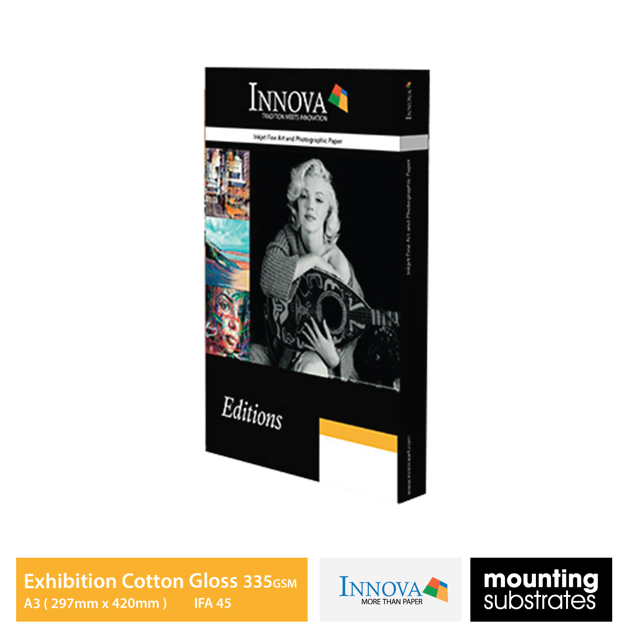 A3 size Innova Exhibition Cotton Gloss 335gsm fine art paper, pack of 25 sheets. Smooth gloss finish for professional-quality prints.