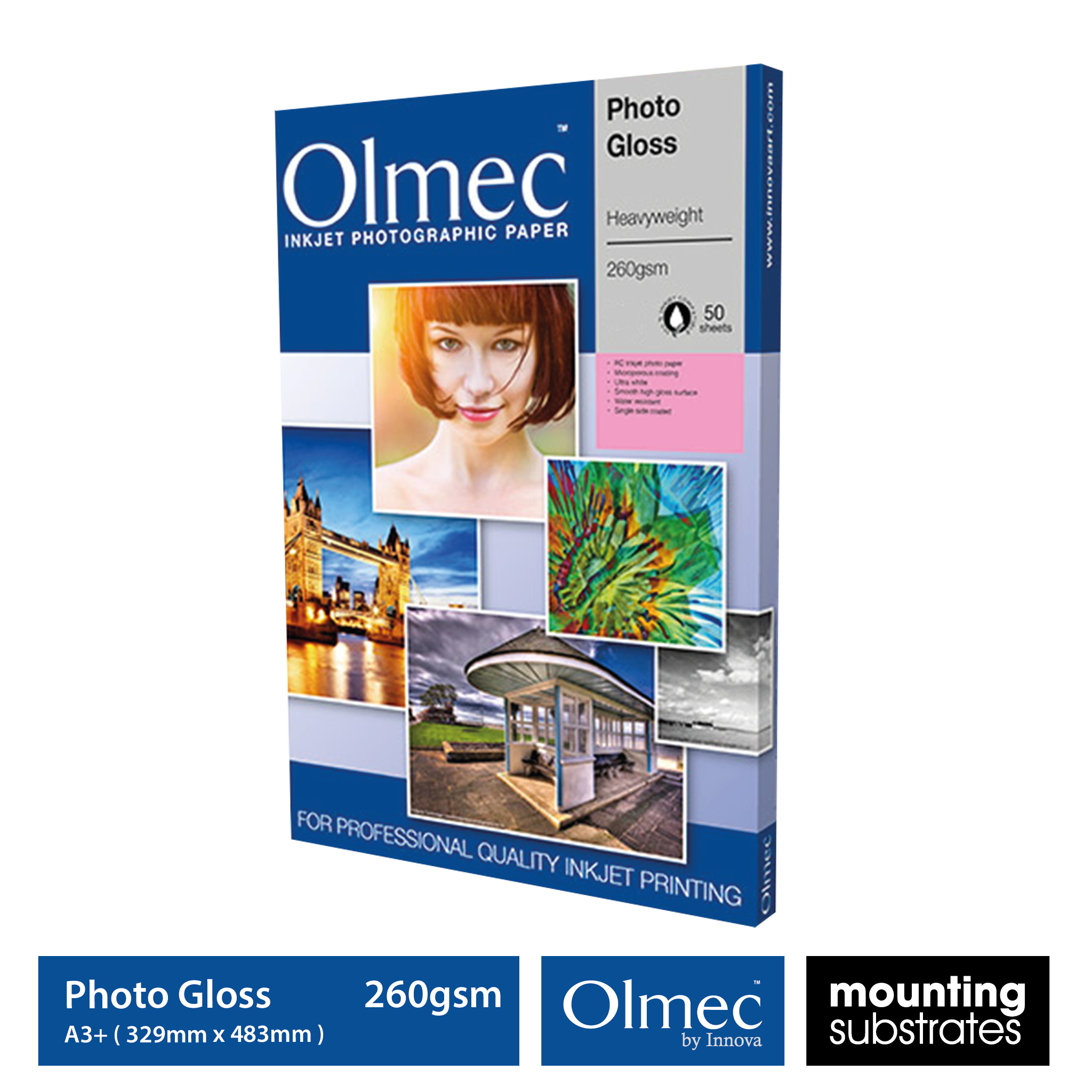 A3plus size Olmec 260gsm Photo Gloss Heavyweight Inkjet Paper, 50 sheets in a box - OLM-060-S0329-050