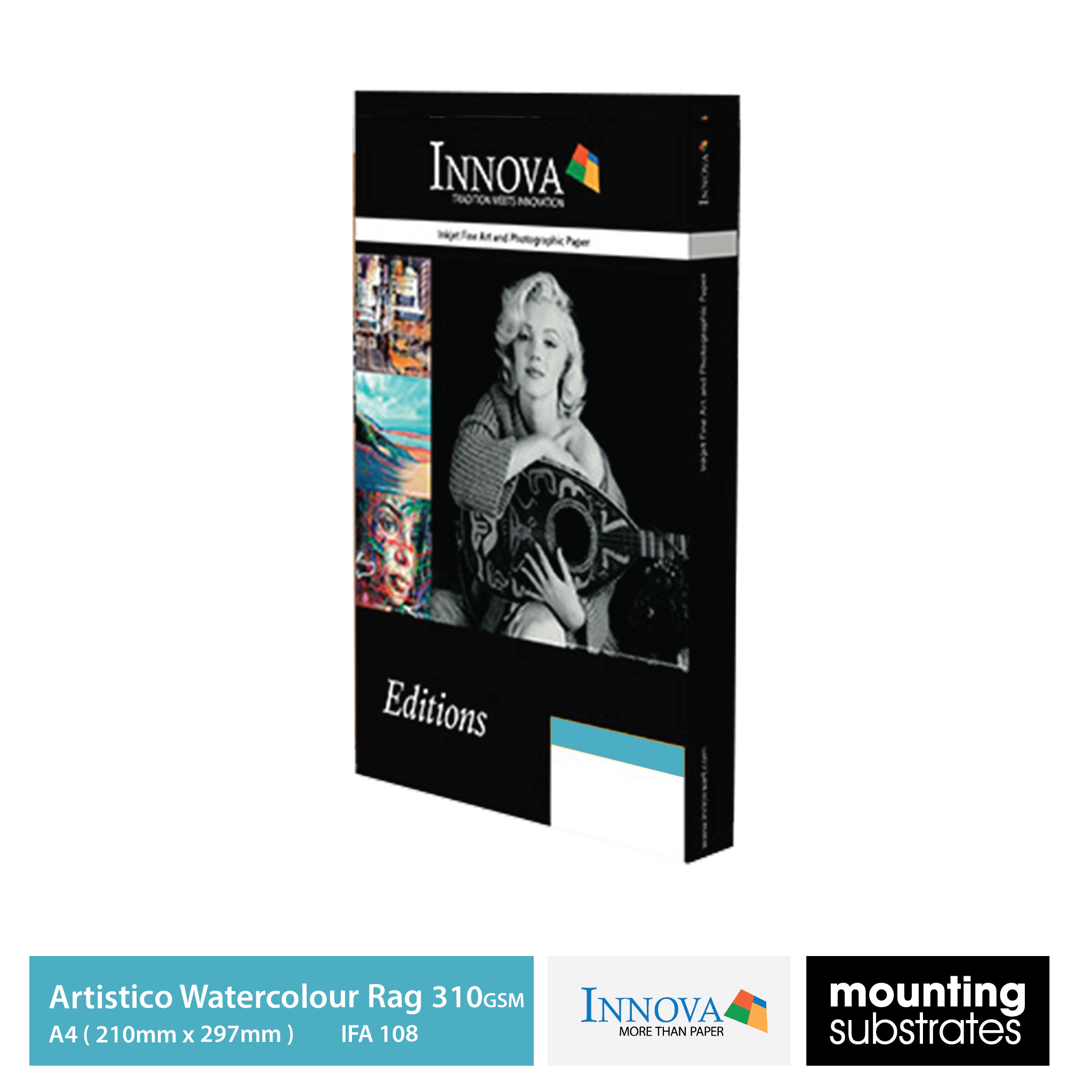 A4 Fabriano Artistico Watercolour Rag 310gsm, mould-made cotton fine art paper with a textured matte finish, ideal for archival prints and exhibitions.