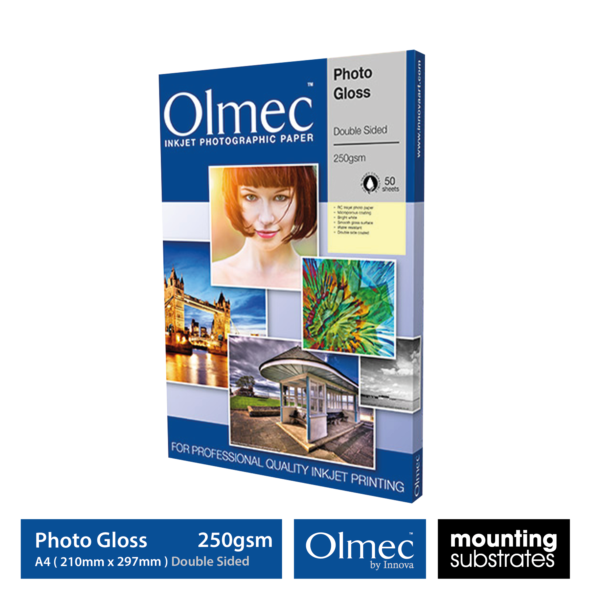 A4 size Olmec 250gsm Photo Gloss Double Sided Inkjet Paper, 50 sheets in a box - OLM-065-S0210-050