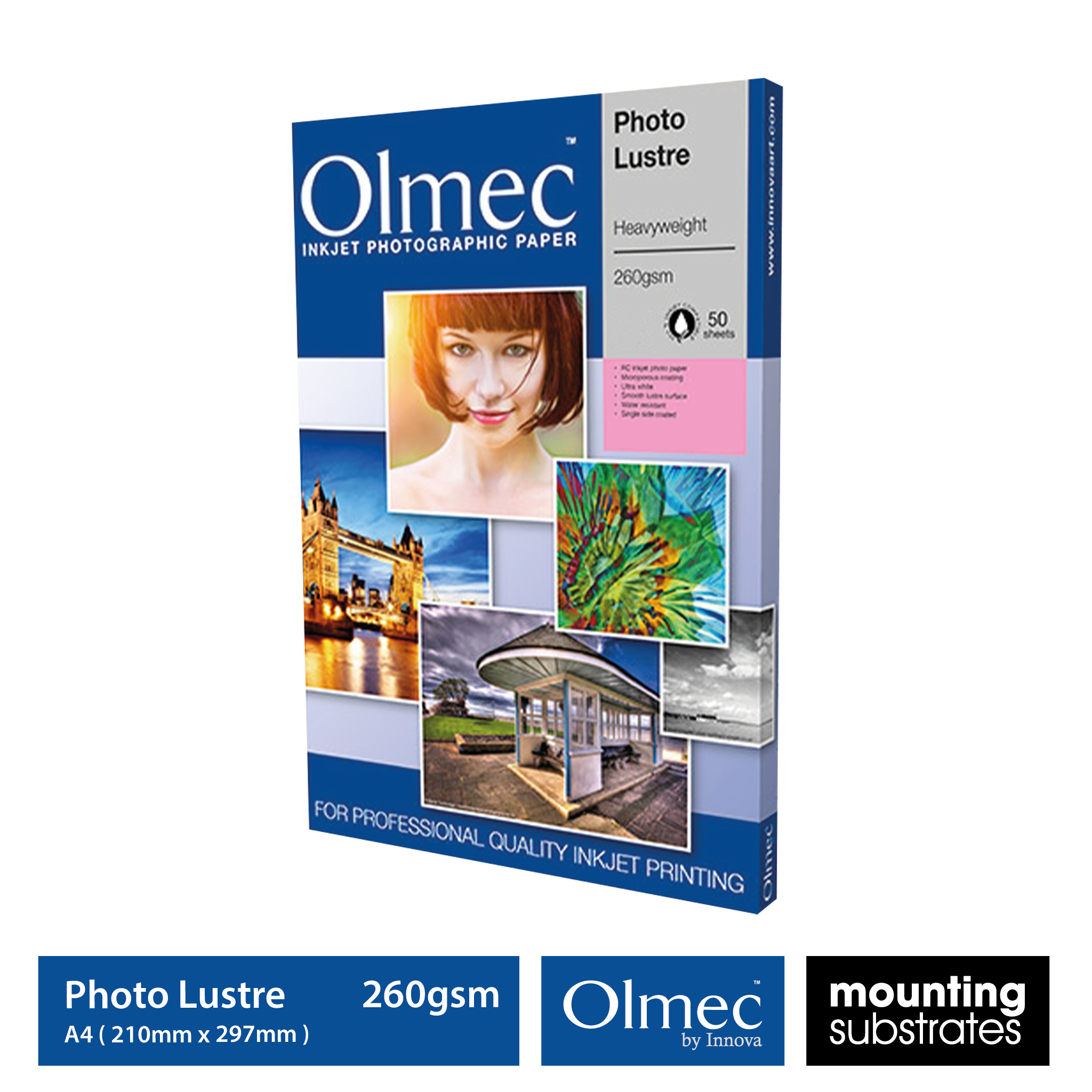 A4 Olmec 260gsm Photo Lustre Heavyweight Inkjet Paper - 50 sheets per pack, stippled lustre finish