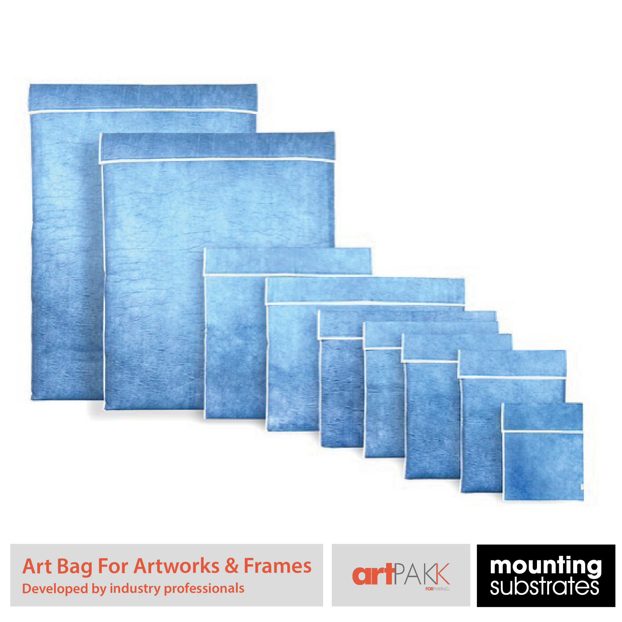 Collection of ArtPakk protective art bags in various sizes, designed for artwork and frame protection, reusable and eco-friendly