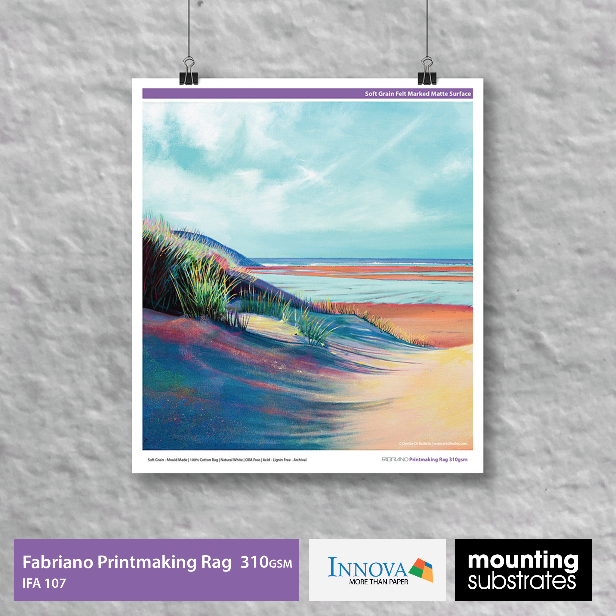 Detailed close-up image showing the soft grain matte texture of Innova Editions® Fabriano Printmaking Rag 310gsm fine art paper IFA07