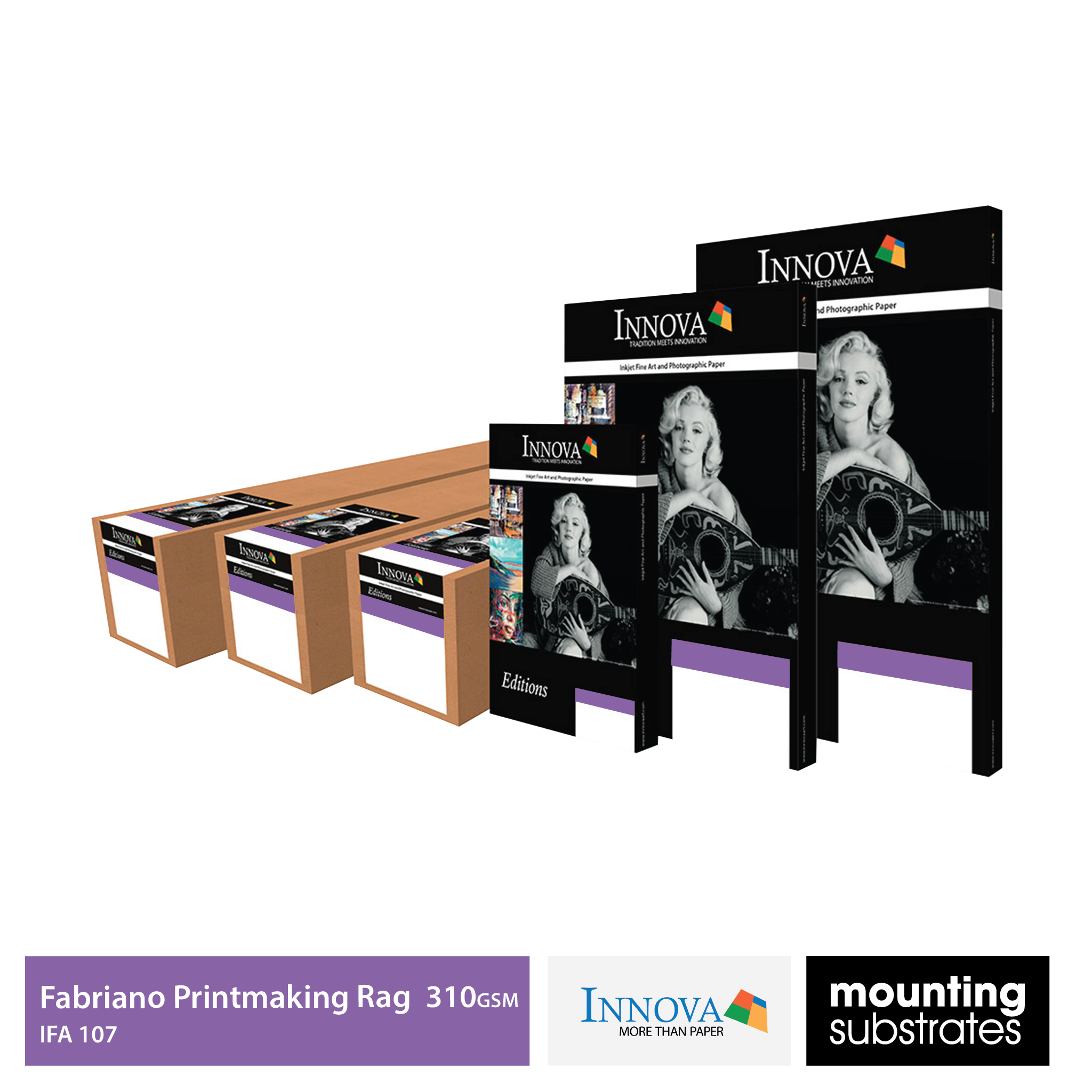Grouped product image featuring boxes of both sheet and roll formats of Innova Editions® Fabriano Printmaking Rag 310gsm fine art paper - IFA7