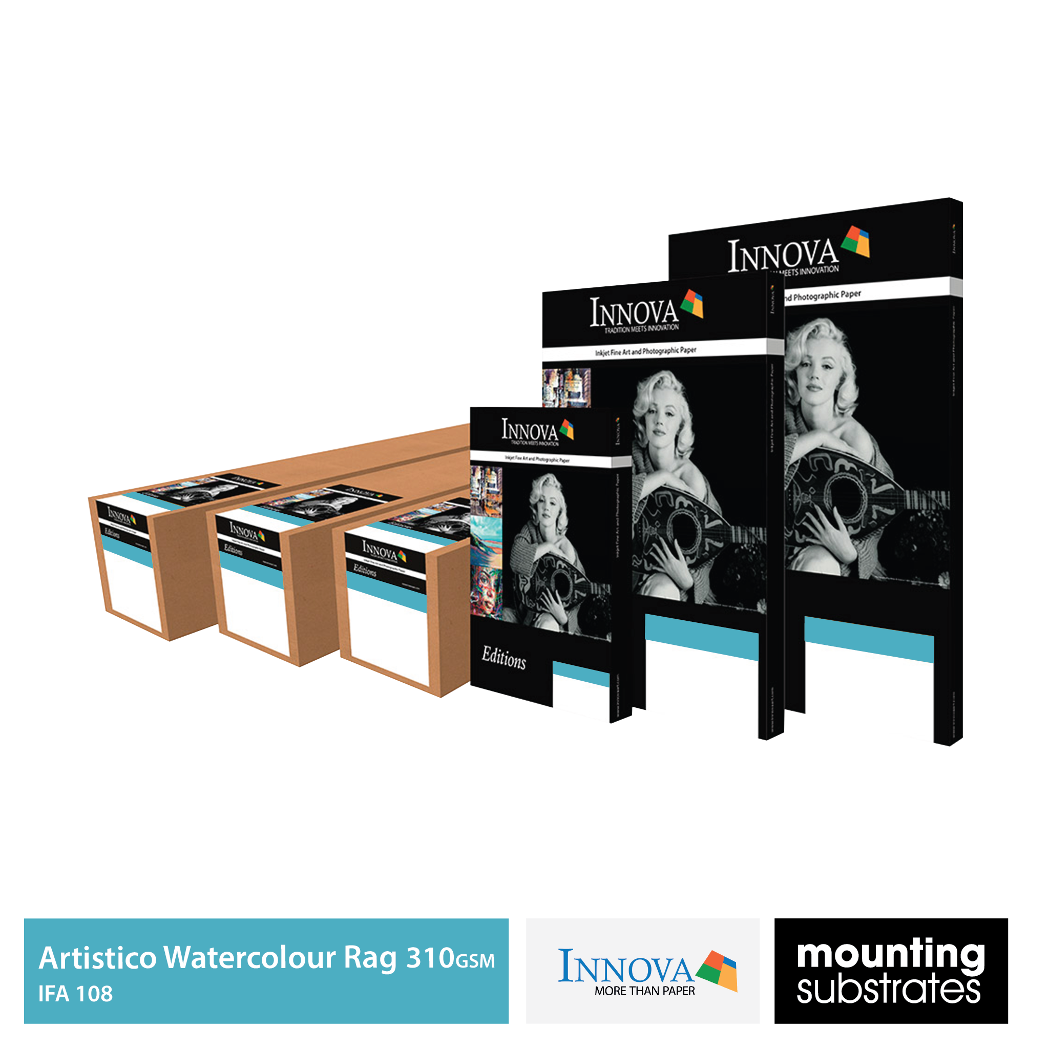 Collection of Fabriano Artistico Watercolour Rag 310gsm boxes in various sheet and roll sizes, ideal for artists and photographers seeking archival-quality prints.