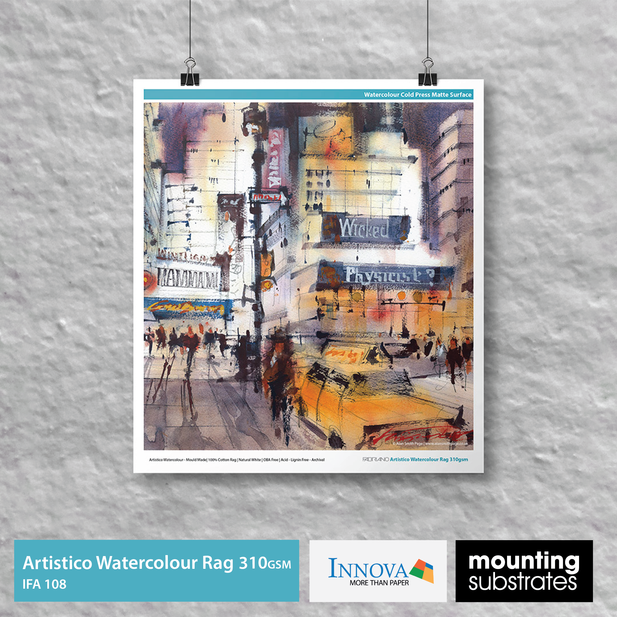 Close-up of Fabriano Artistico Watercolour Rag 310gsm, highlighting its rough watercolour texture and natural white finish for professional inkjet printing.