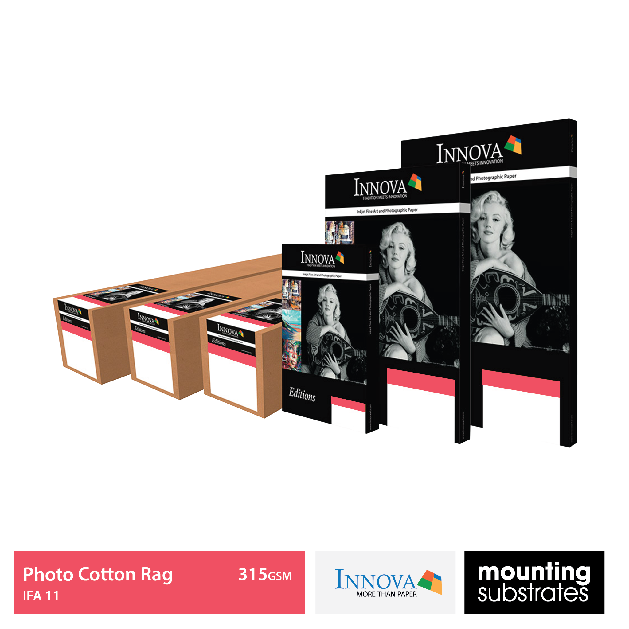 Collection image displaying boxes of Innova 315gsm Photo Cotton Rag Paper in various sheet and roll sizes, ideal for fine art and photography printing.
IFA 11
