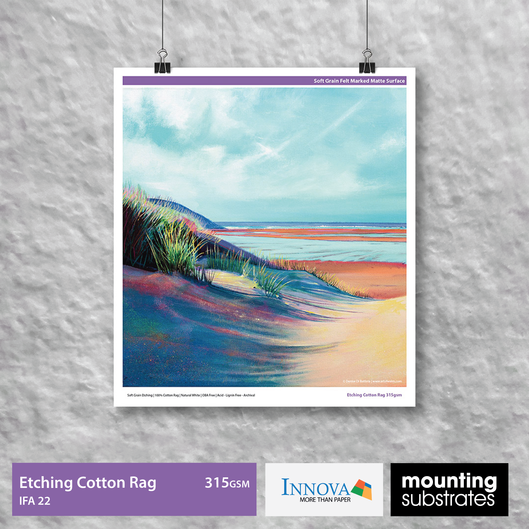 Close-up of the soft grain matte finish on Innova Editions Etching Cotton Rag 315gsm fine art paper, showcasing its premium texture and archival quality.