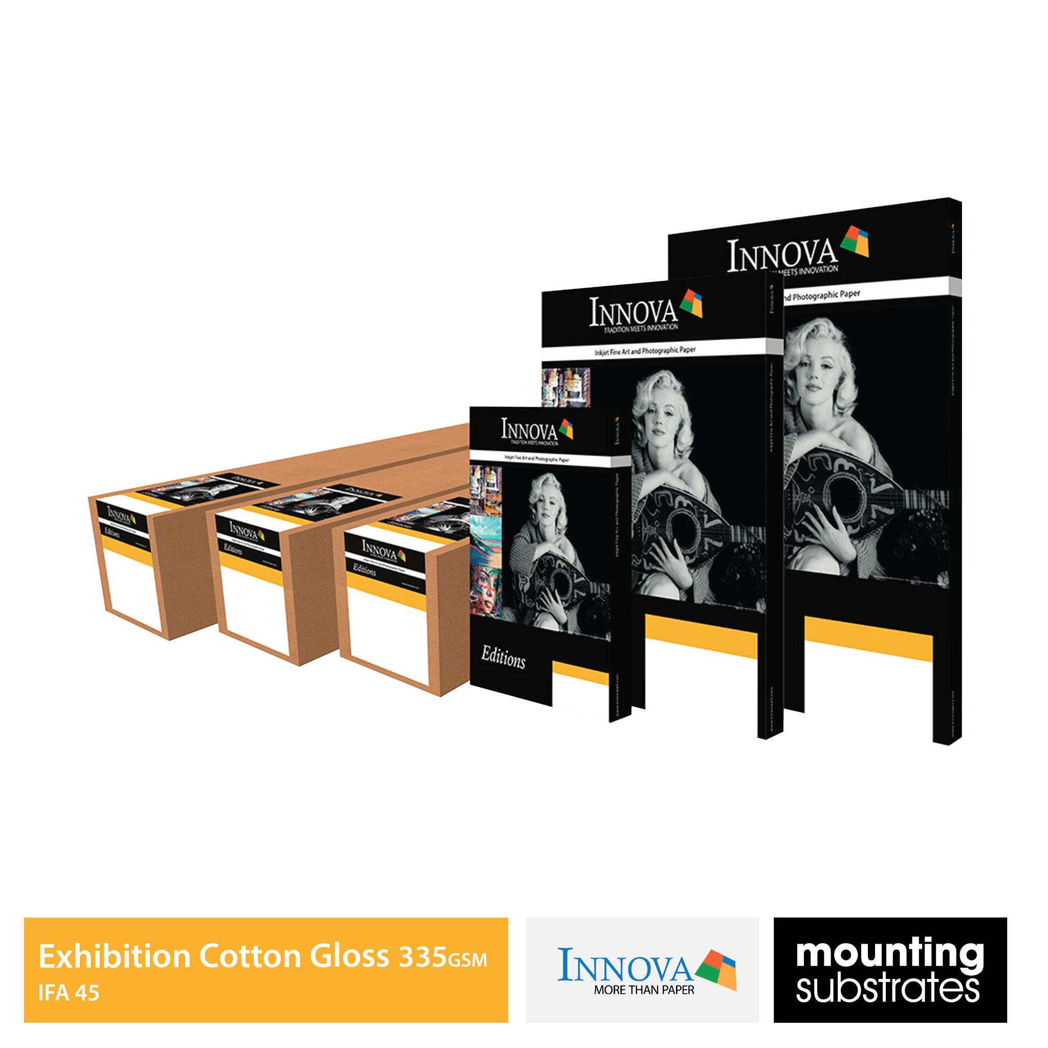 Collection of Innova Exhibition Cotton Gloss fine art paper packs, including sheet and roll sizes, ideal for professional artists and photographers.