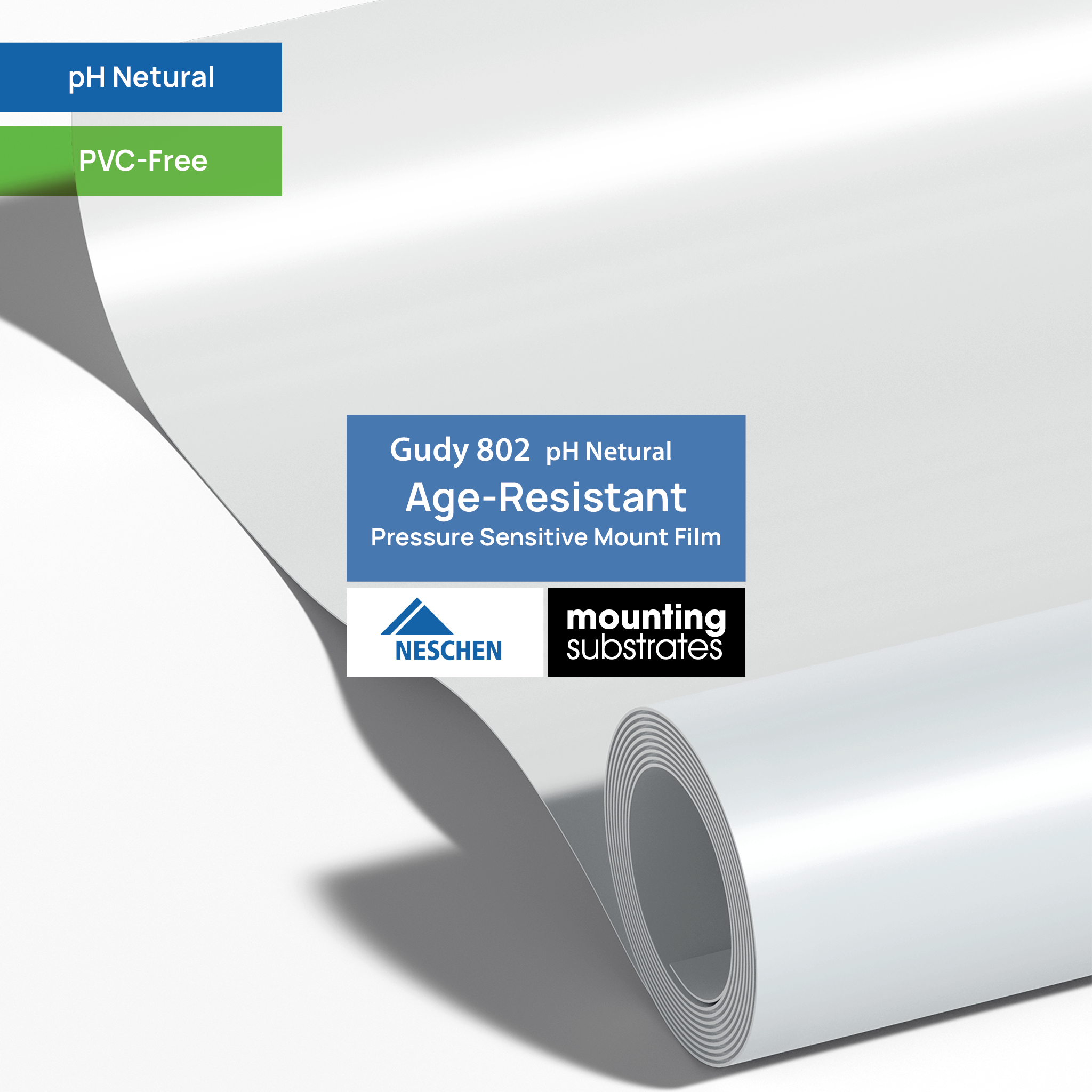 Roll of Neschen gudy® 802 mounting film with pH-neutral, age-resistant, PVC-free adhesive for photographic and digital print mounting