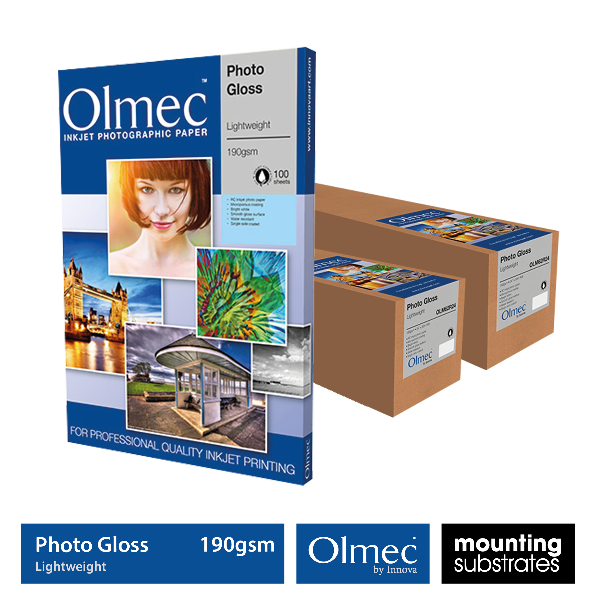 Olmec 190gsm Photo Gloss inkjet paper available in sheets and rolls for lightweight glossy photo prints