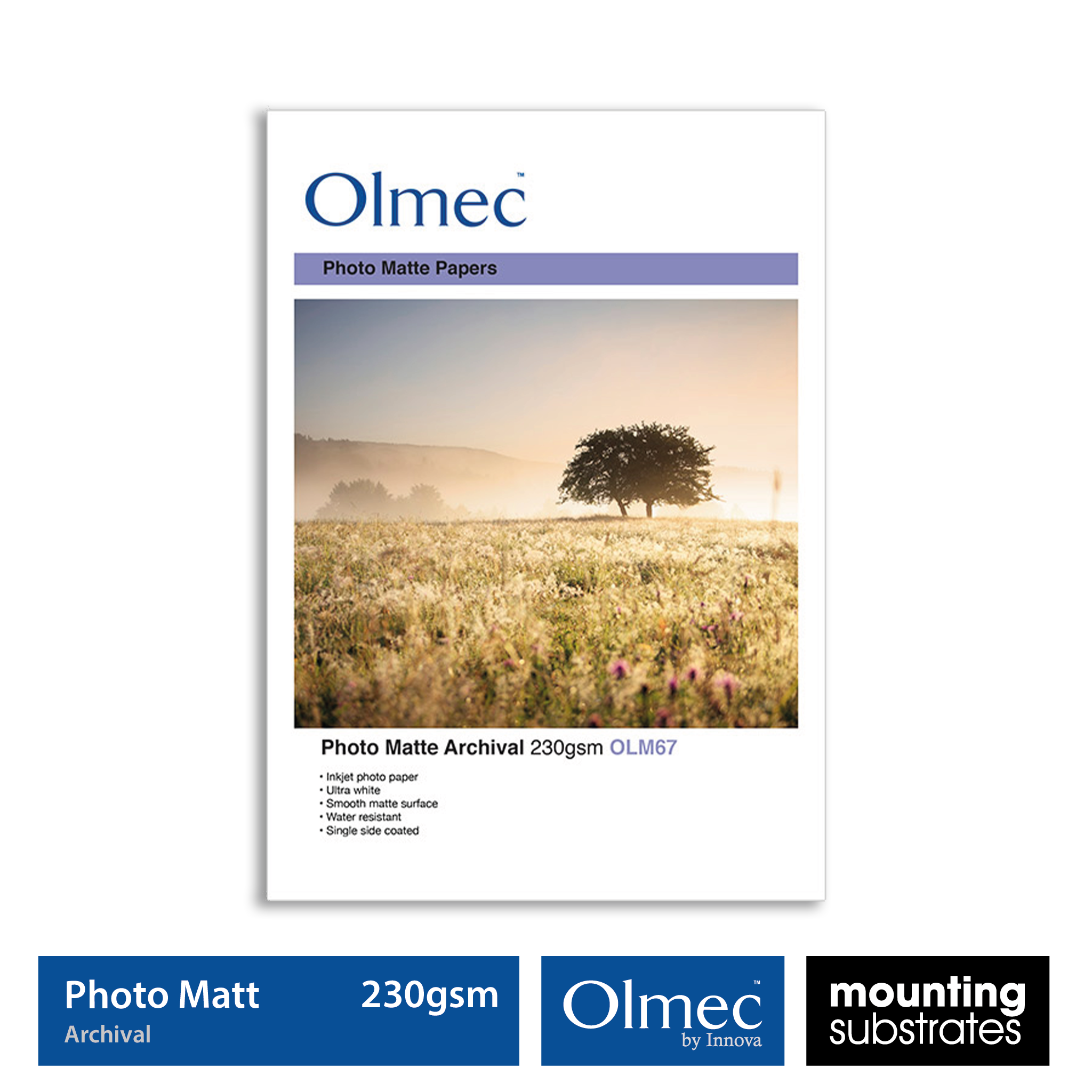 Close-up of Olmec 230gsm Matte Archival Inkjet Paper showing its ultra-white, smooth matte surface perfect for photography and art reproduction