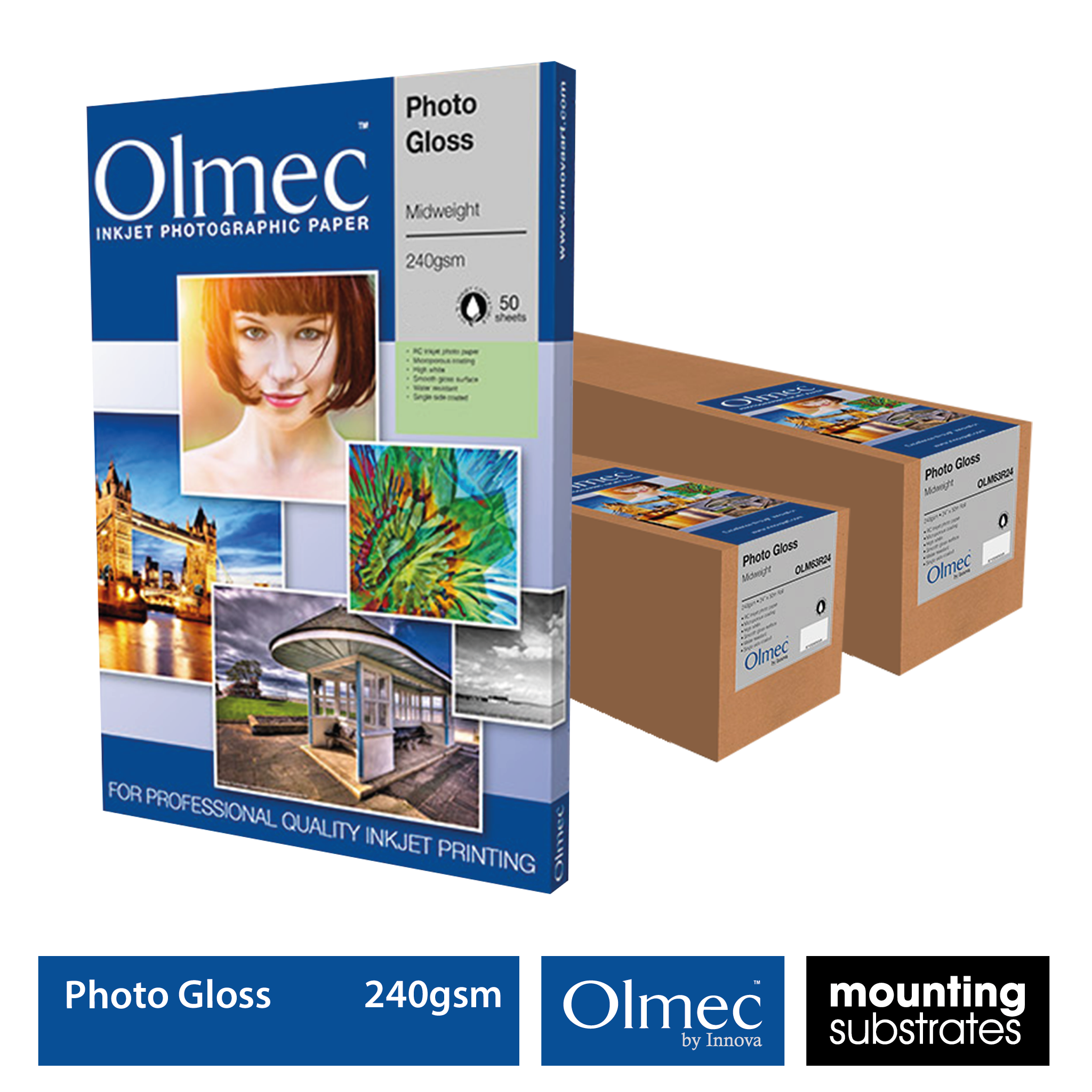 Olmec 240gsm Photo Gloss inkjet paper available in sheets and rolls for professional glossy photo prints