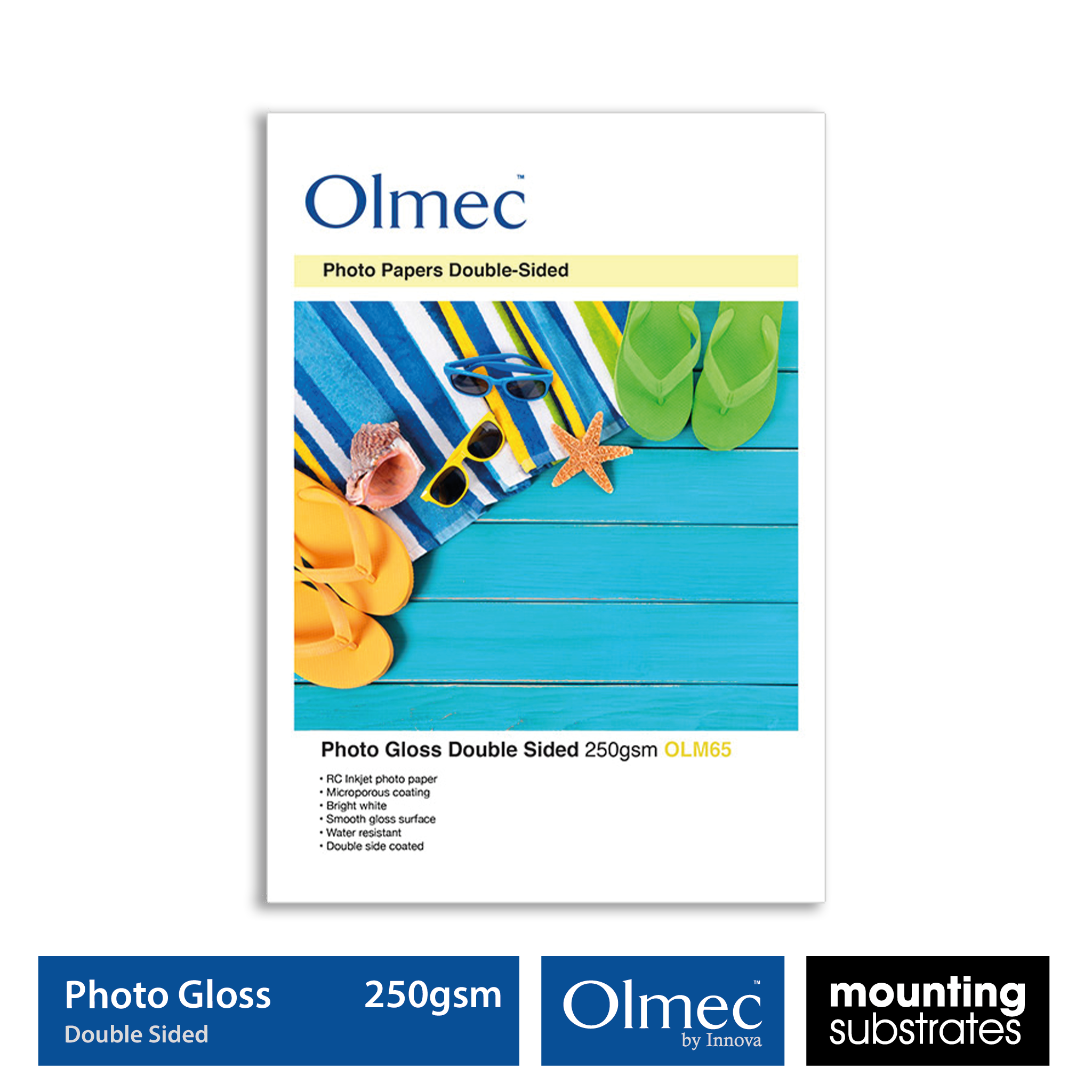 Olmec 250gsm Photo Gloss Double Sided Inkjet Paper showing subtle gloss finish for professional albums and photography