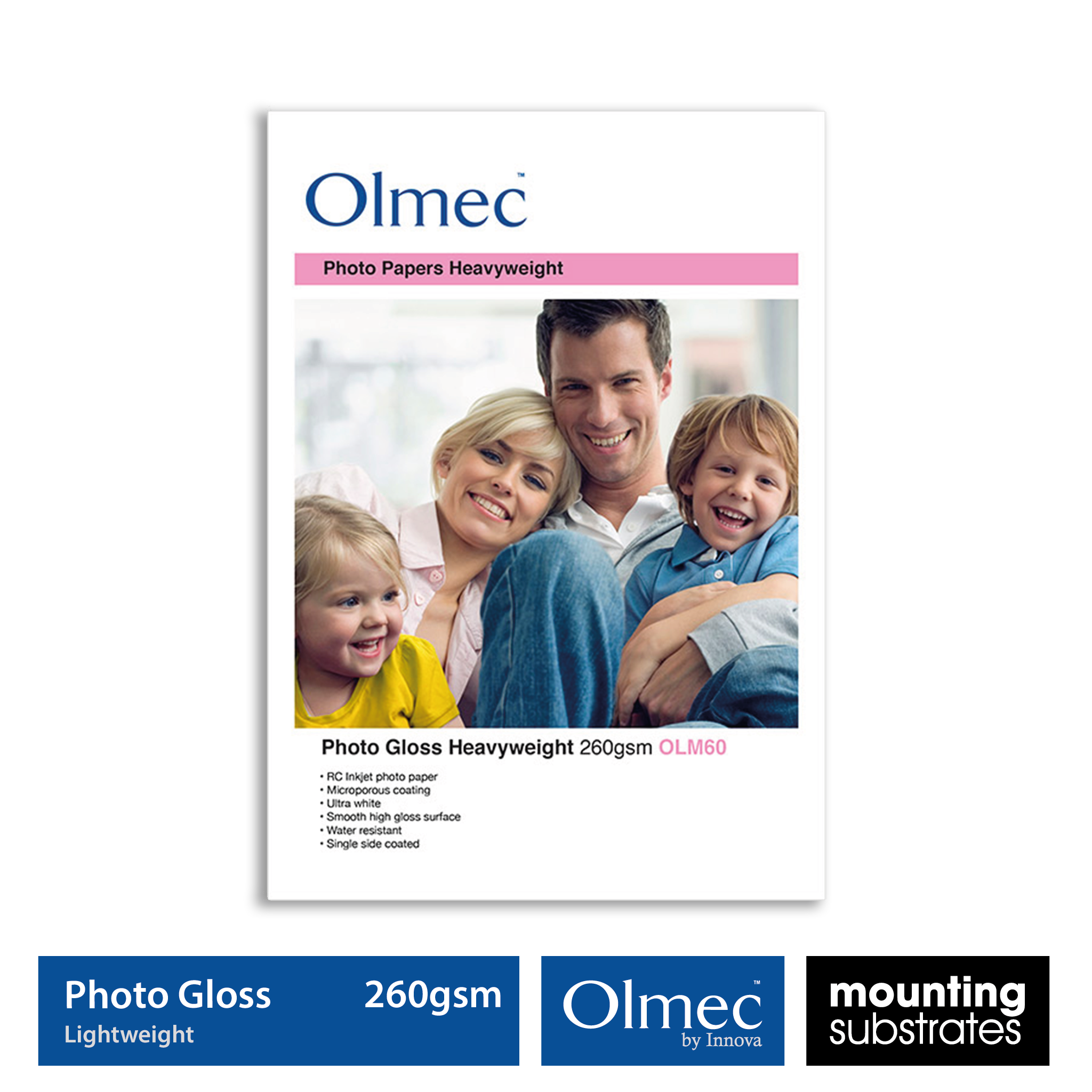 Olmec 260gsm Photo Gloss Heavyweight Inkjet Paper showing smooth high gloss finish for professional photographic prints