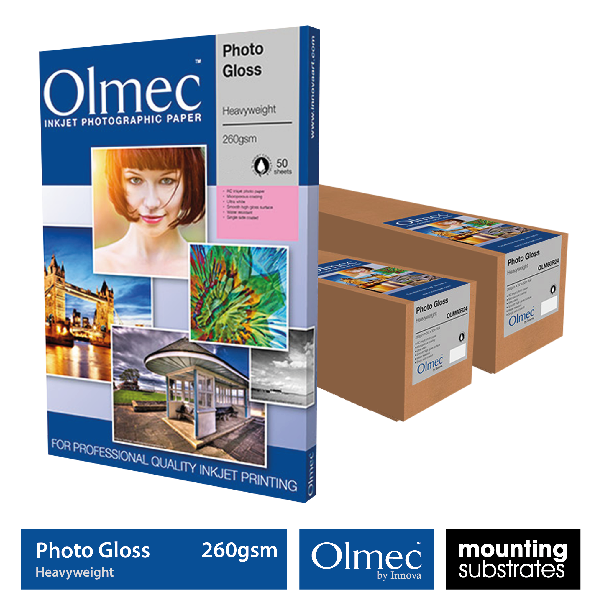 Olmec 260gsm Photo Gloss inkjet paper available in sheets and rolls for glossy photo prints with vivid colours