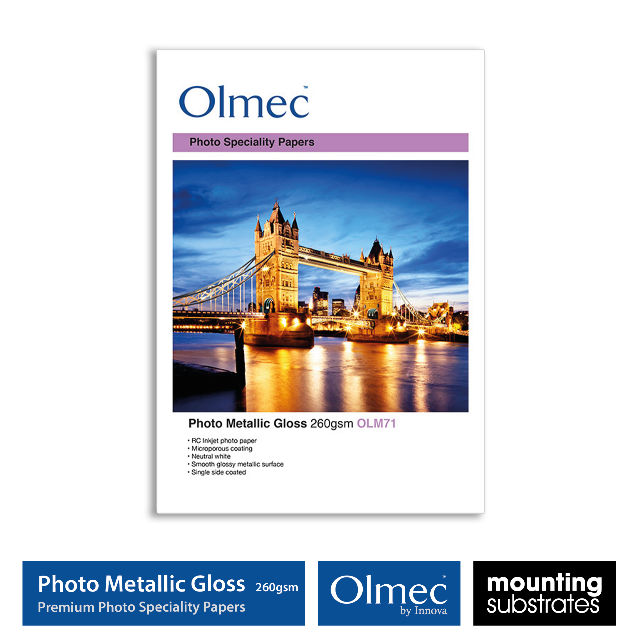 Olmec 260gsm Photo Metallic Gloss Inkjet Paper displaying smooth pearlescent gloss finish for vibrant photography and exhibition prints