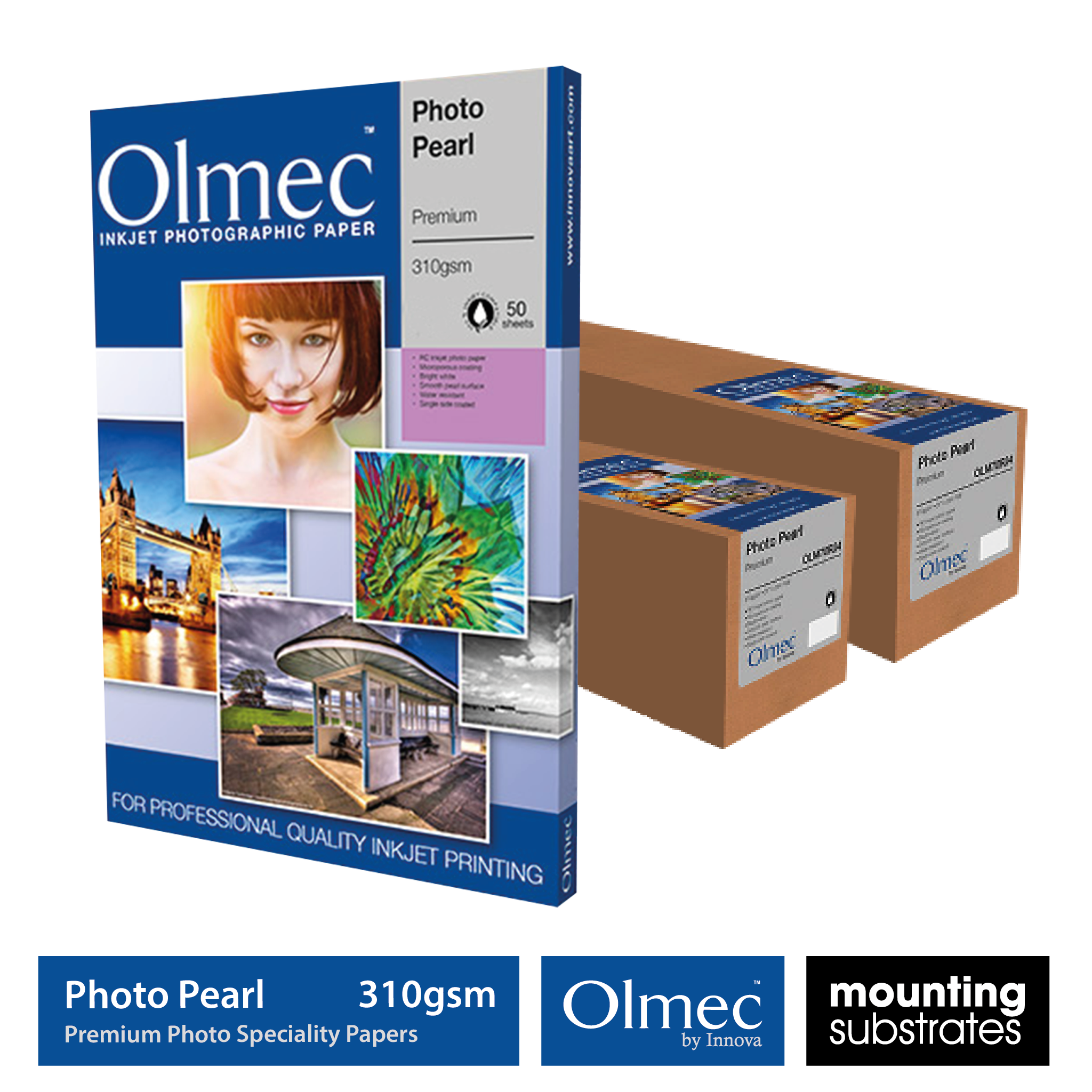 Olmec 310gsm Photo Pearl inkjet paper available in sheets and rolls for high-quality photo printing