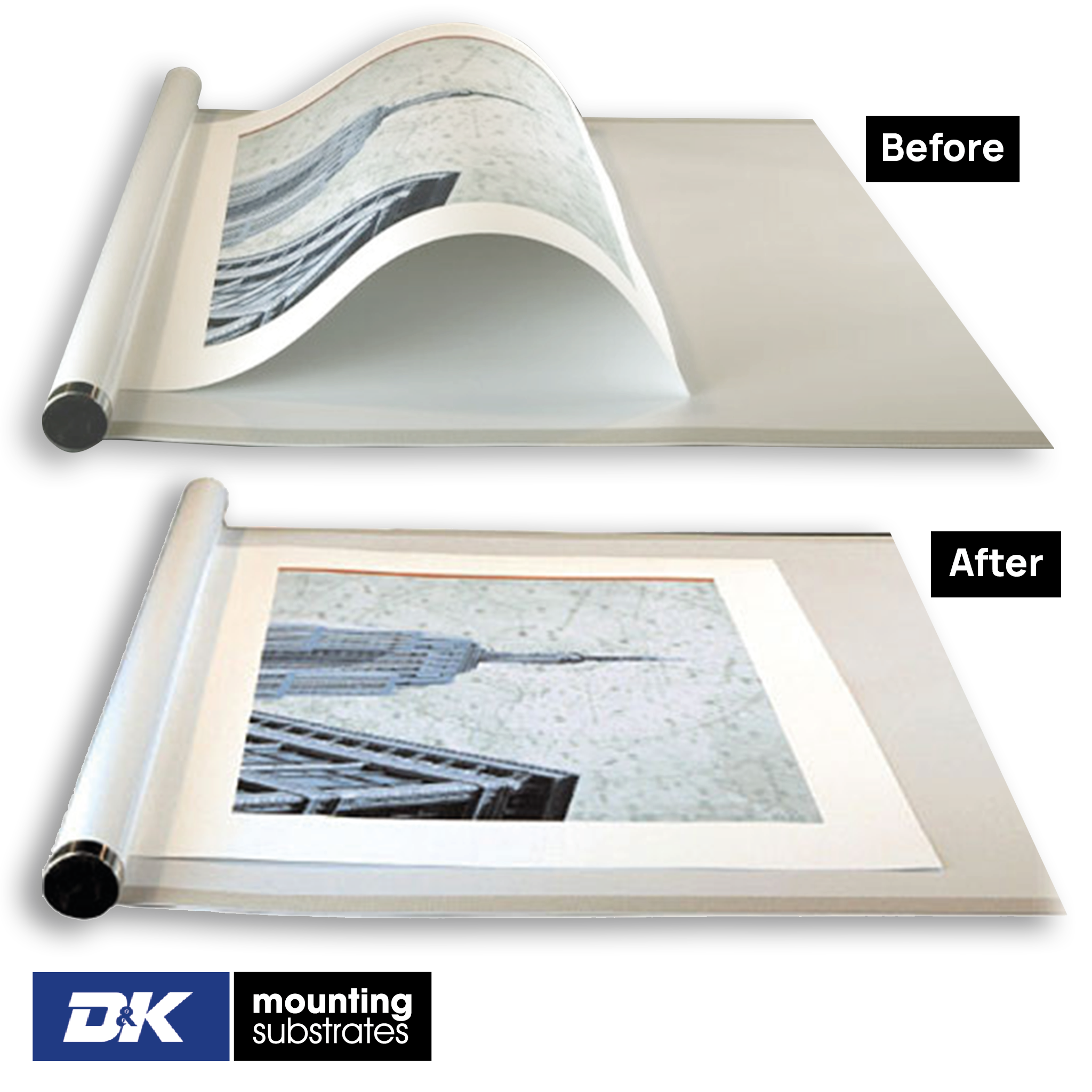 Before after photo of a de roller flattening rolled prints