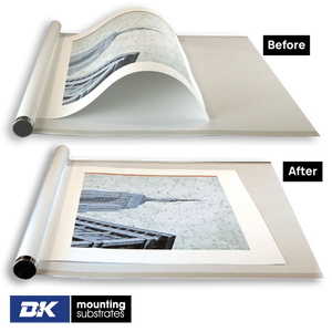 Before after photo of a de roller flattening rolled prints