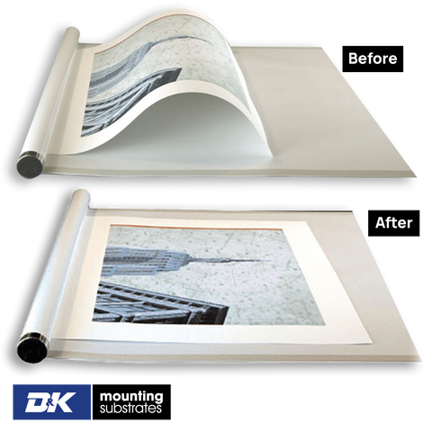 Before after photo of a de roller flattening rolled prints